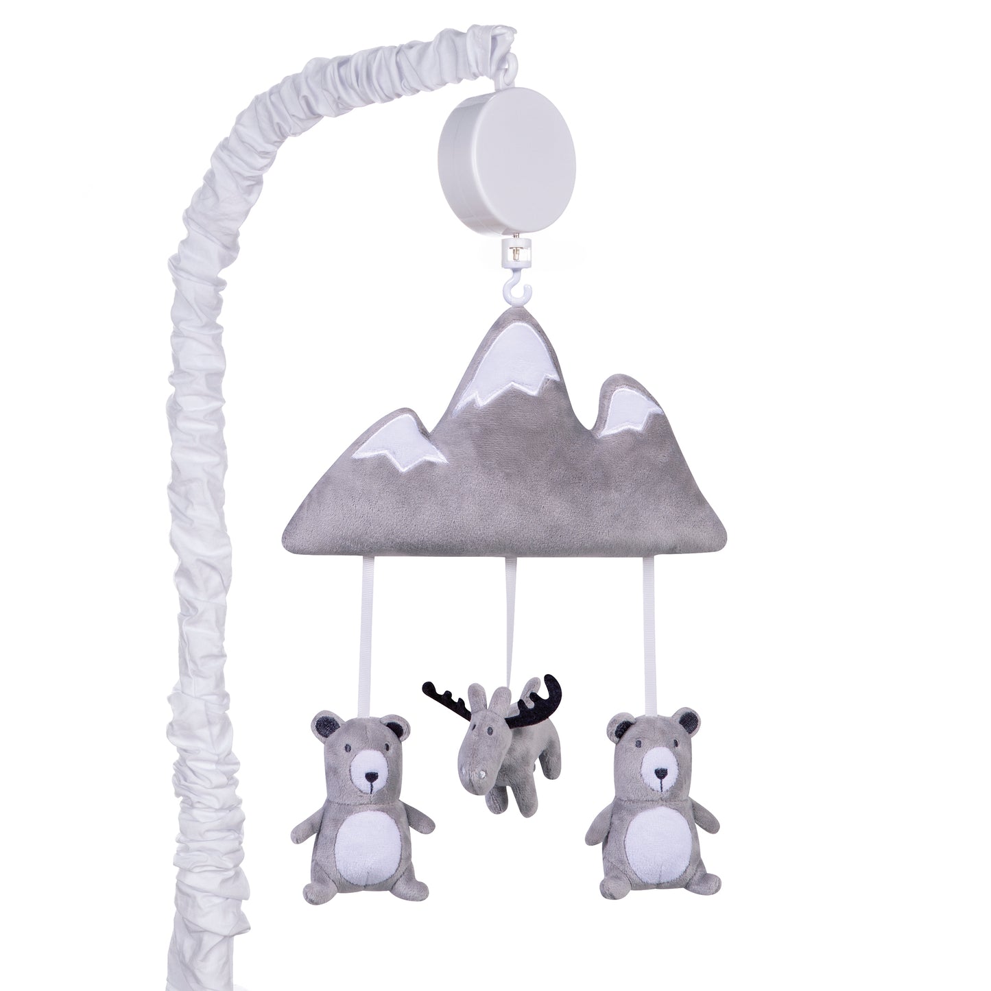 Forest Mountain Musical Crib Baby Mobile full size - A velour plush moose and two bears are suspended from a velour plush mountain with decorative white ribbon and slowly rotates to Brahms’ Lullaby