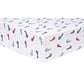 Corner View of Sammy and Lou Adventure Awaits 4 Piece Crib Bedding Set Crib Sheet that features Red and Navy Airplanes