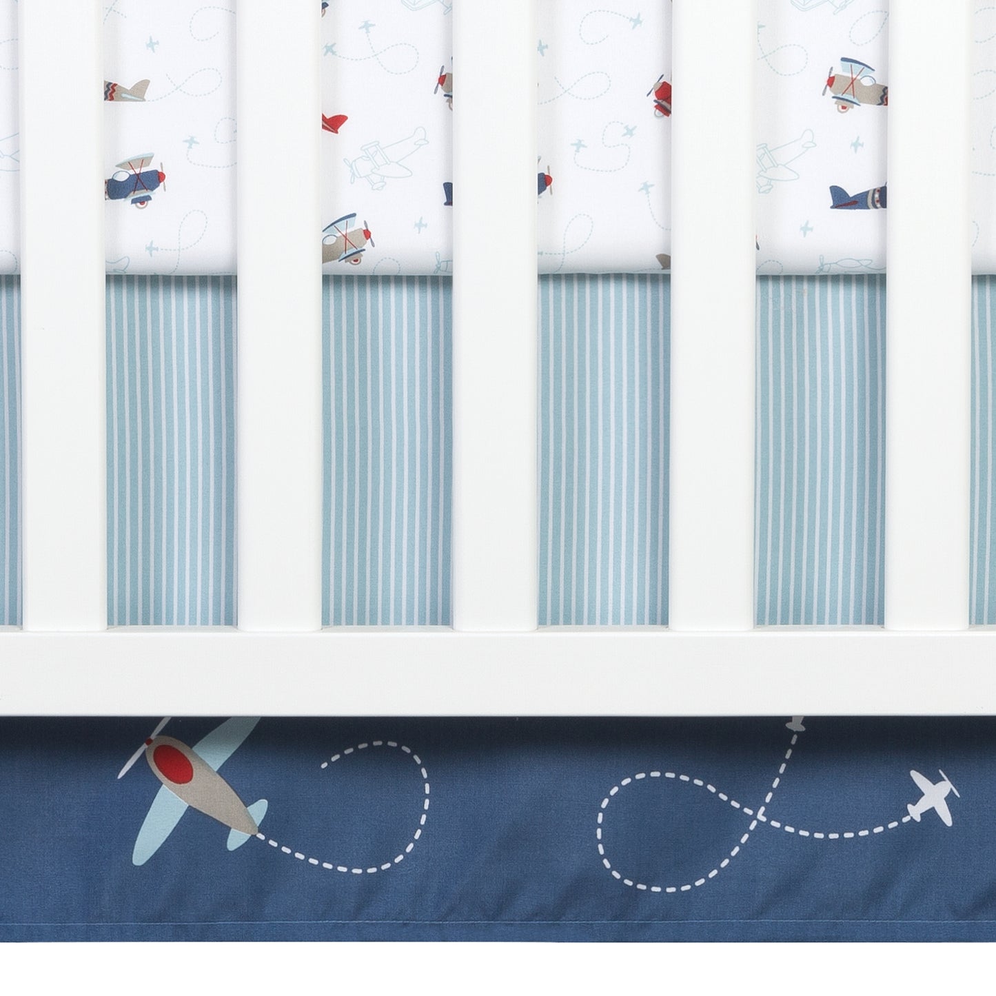 Zoomed in View of Sammy and Lou Adventure Awaits 4 Piece Crib Bedding Set Crib Sheet and Crib Skirt
