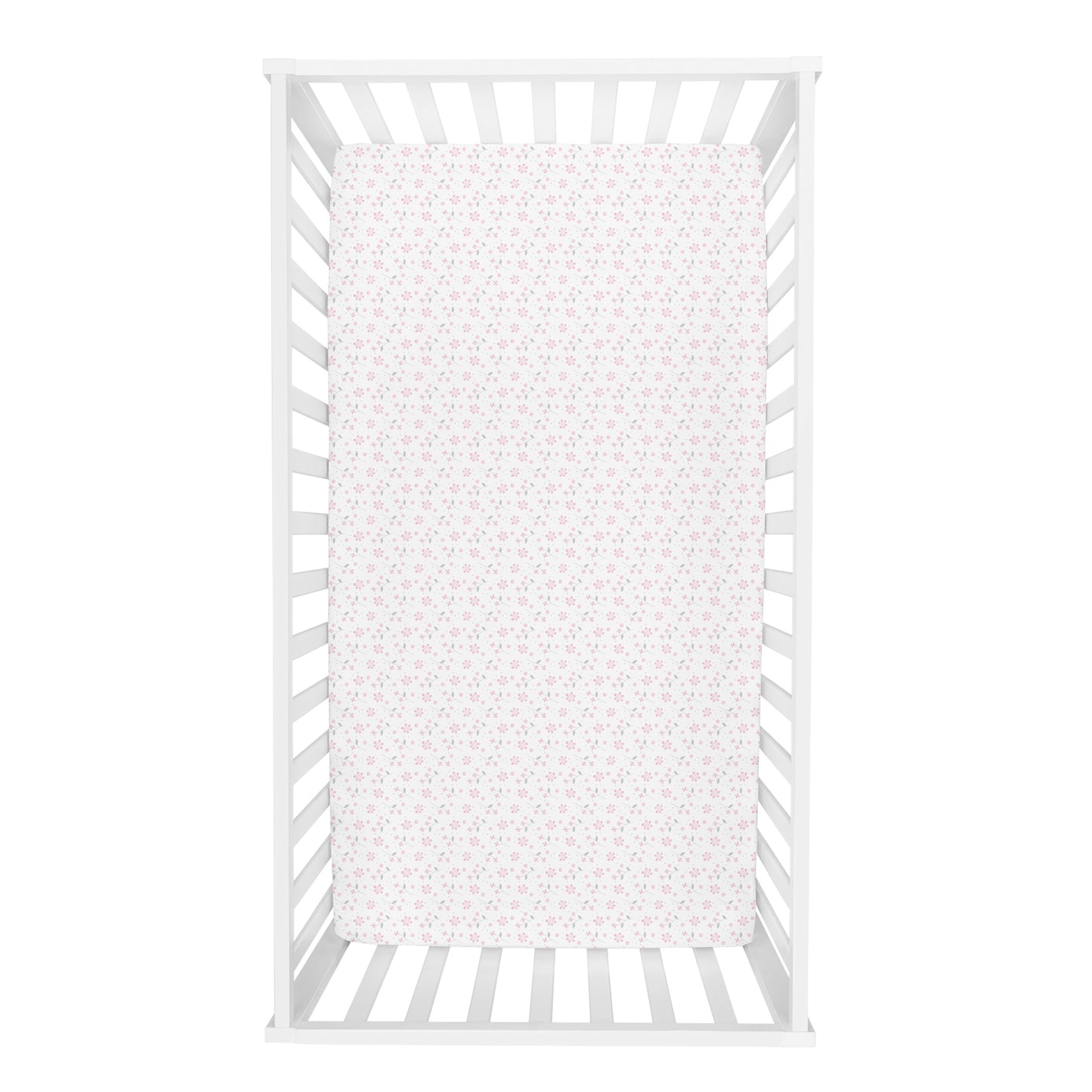  Floral 2-Pack Microfiber Fitted Crib Sheet by Sammy & Lou®;features a floral print in light pink and gray on a white background
