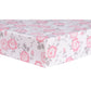 Emma 4 Piece Crib Bedding Collection by Sammy and Lou ; fitted crib sheet corner view. Fitted Crib Sheet fits standard crib mattress 28 in x 52 in with 8-inch-deep pockets and is fully elasticized for a secure fit. Sheet features a pink and gray floral pr