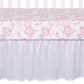  Emma 4 Piece Crib Bedding Collection by Sammy and Lou; crib sheet and crib skirt. Crib skirt t fits standard crib mattress 28 in x 52 in with 14-inch drop and is a solid pink with ruffled detailing.