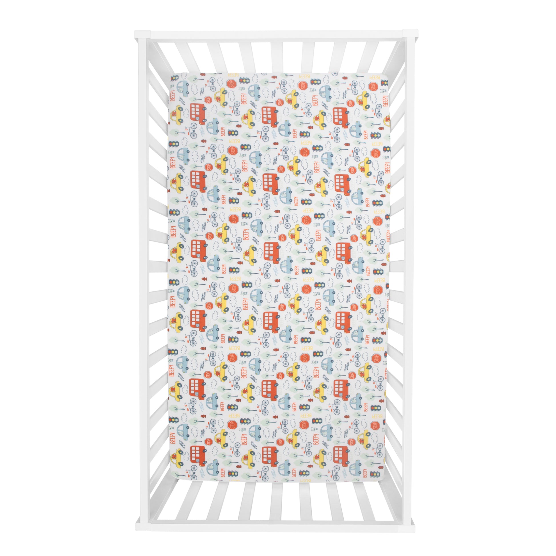  Beep Beep 4 Piece Bedding Set by Sammy and Lou- overhead view of crib sheet