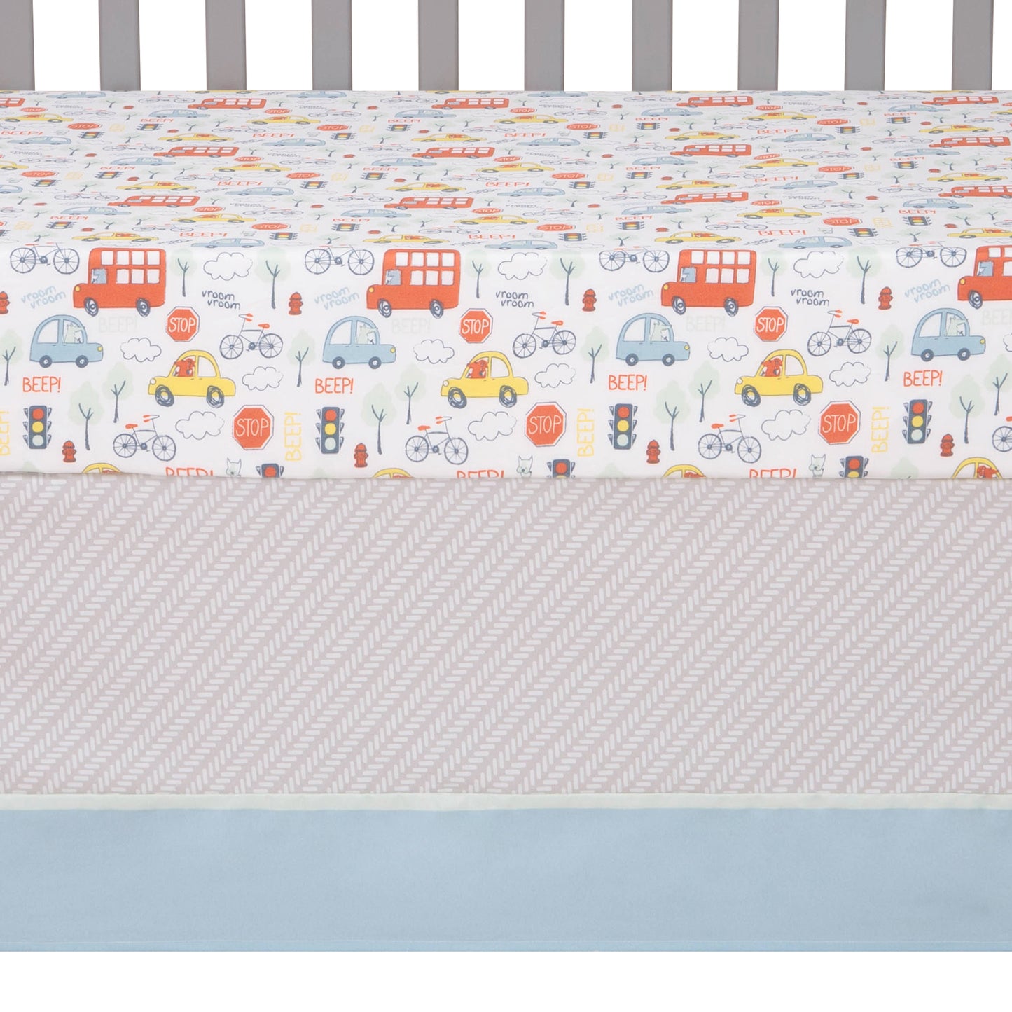  Beep Beep 4 Piece Bedding Set by Sammy and Lou- zoomed in view of crib sheet and crib quilt