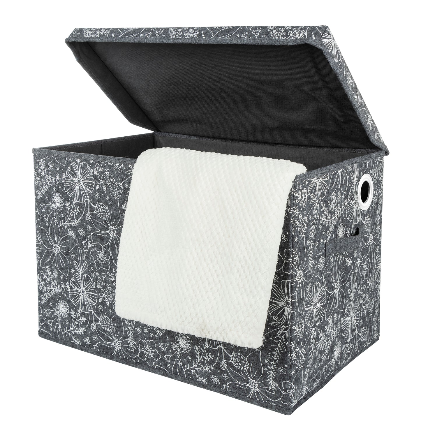 Floral Felt Toy Box by Sammy & Lou® Angled with lid open with white towel hanging out.
