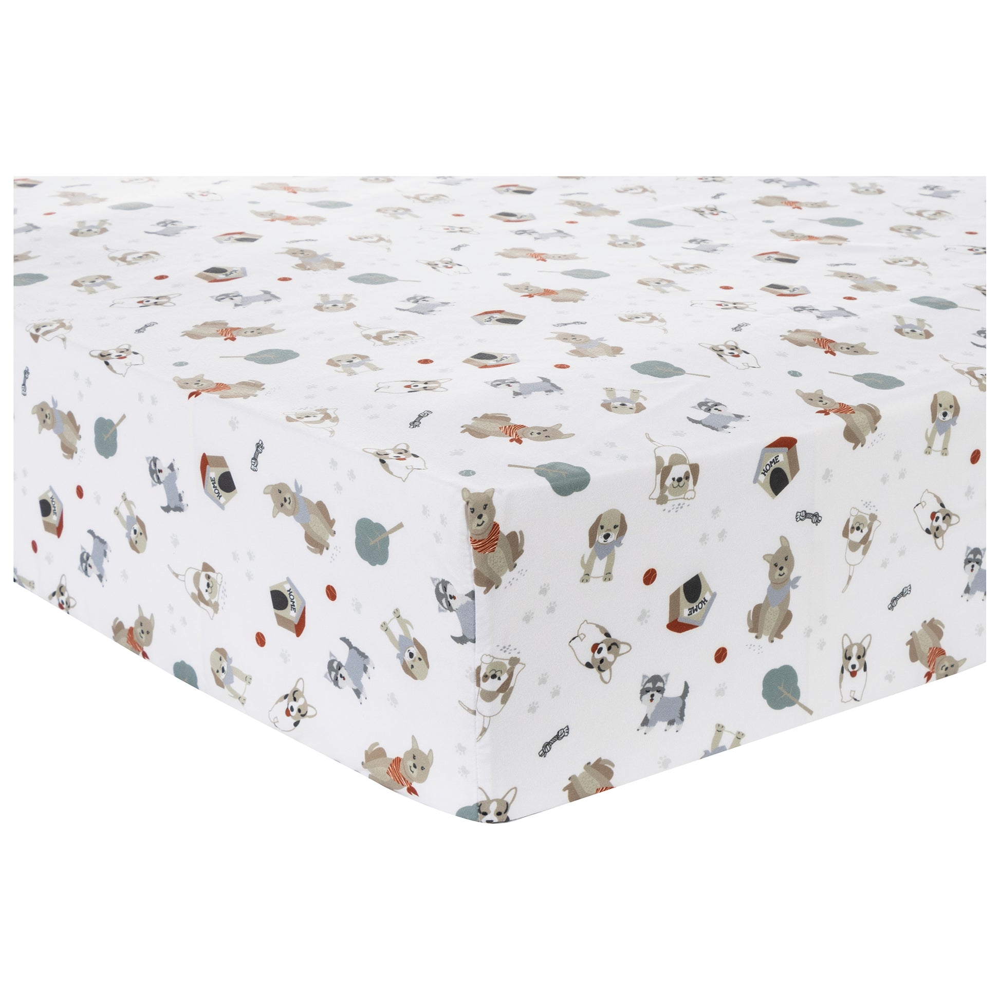 Fitted crib sheet fits standard crib mattress 28 in x 52 in with 8-inch-deep pockets and is fully elasticized for a secure fit. Crib sheet features cute dogs, paw prints, dog toys and trees.