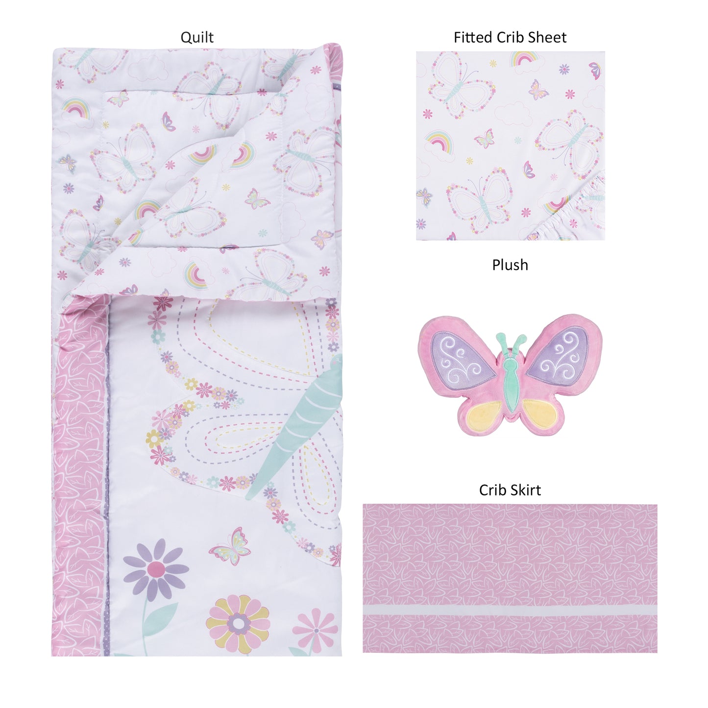 Floral Butterfly 4 Piece Crib Bedding Set; pieces laid out includes nursery quilt, crib sheet, crib skirt and butterfly plush toy