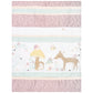  Enchanted Garden 4 Piece Crib Bedding Set by Sammy & Lou® nursery quilt/ playmat features adorable woodland animals and plants on the front with a lilac floral scatter print, blue haze line sketch print and pale peach blush strips. The back features the 
