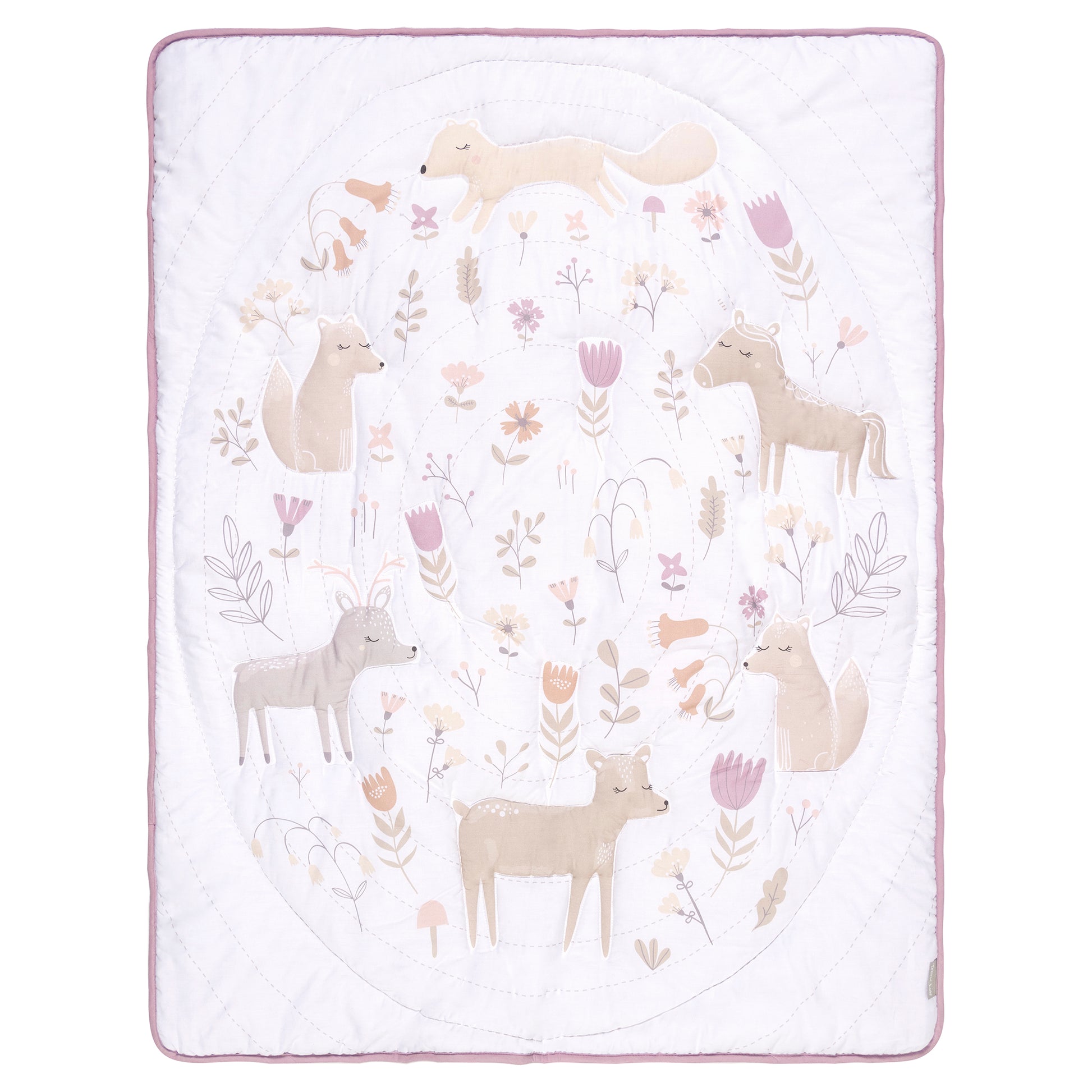  Forest Garden 4 Piece Crib Bedding Set; front view, crib quilt features Nursery quilt measures 35 in x 45 in and features a fox, deer, and unicorn surrounding a floral meadow. The nursery quilt is a great 2-in-1 option and can be used as a blanket or a 