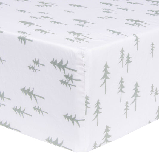 up close corner view image. Pine Trees Fitted Crib Sheet by Trend Lab is 100% cotton and features a soft green pine tree pattern.
