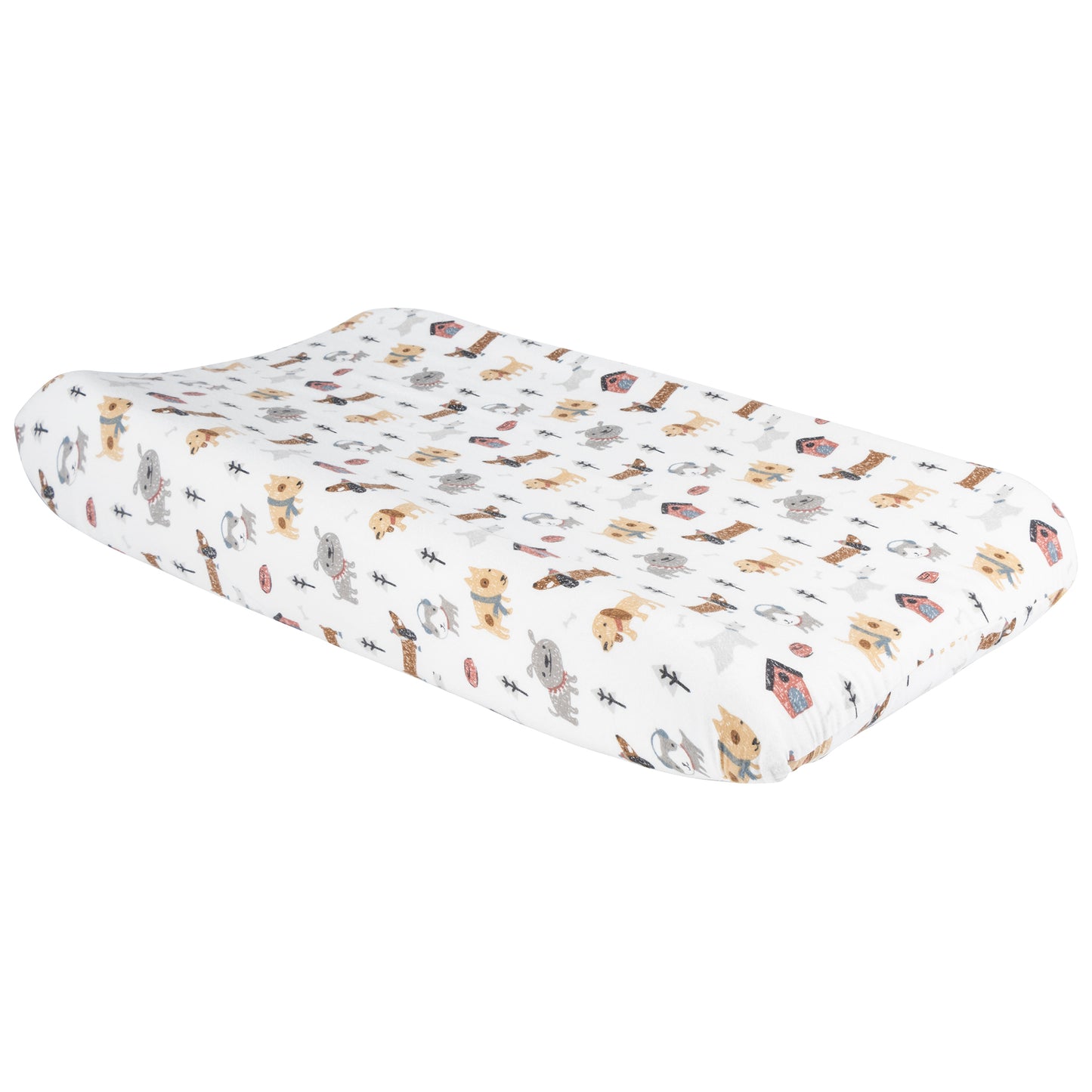Dog Park Deluxe Flannel Changing Pad Cover featuring a sketched multi-breed puppy print with dog houses and bones in gray, red, light blue and a variety of browns on a white background