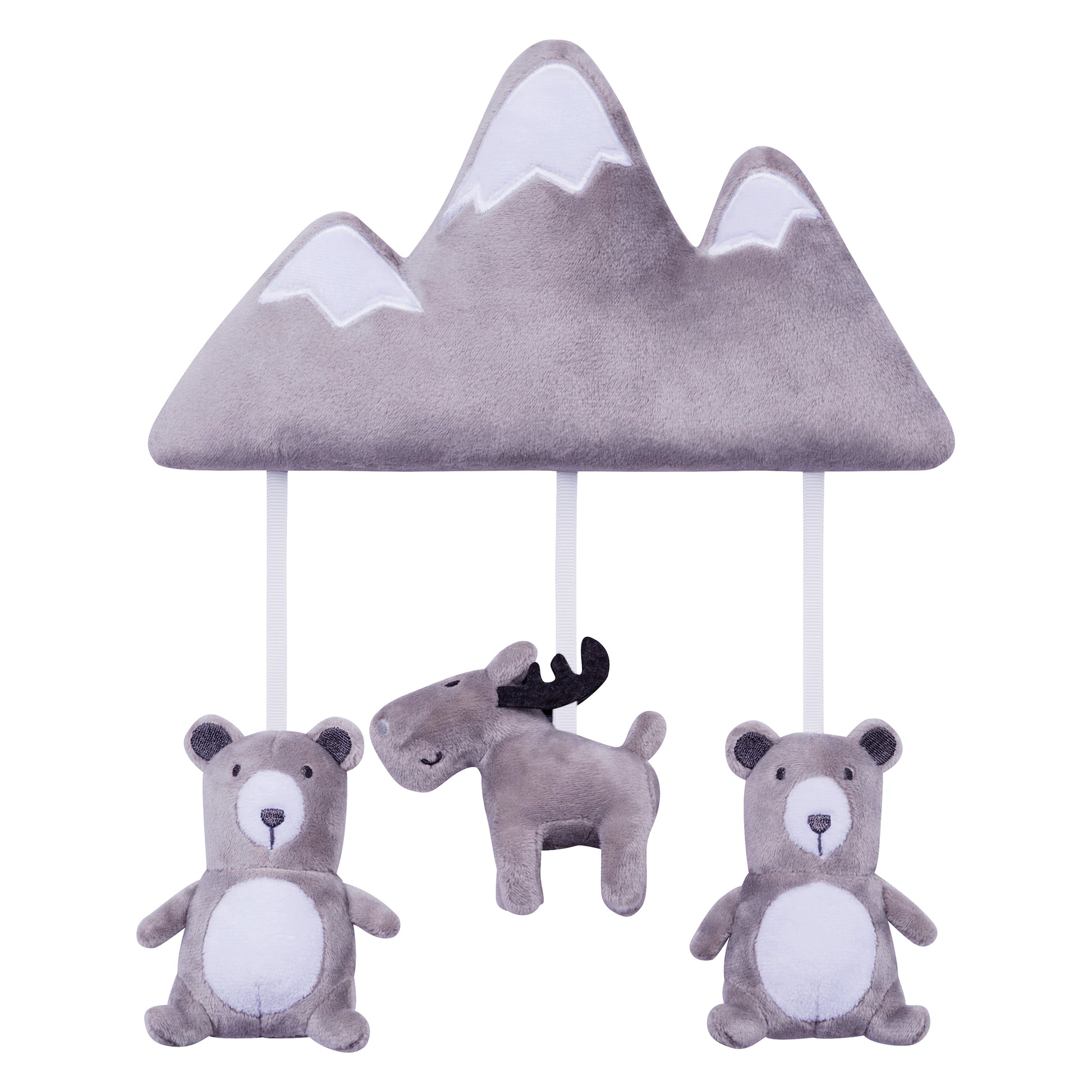 Forest Mountain Musical Crib baby mobile features a mountain piece with 3 baby animals all in gray