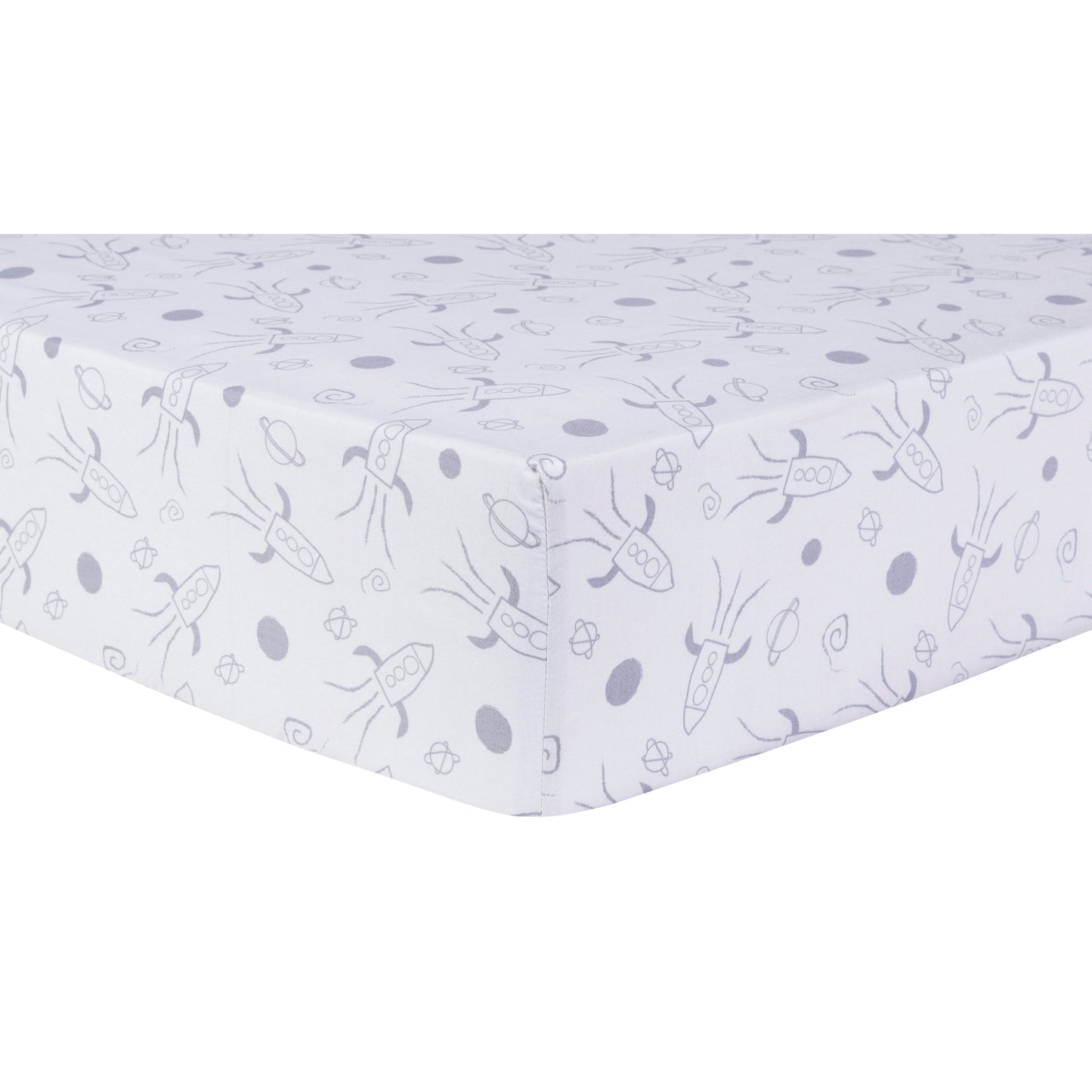 Fitted Crib Sheet is 100% cotton and features rocket ships scatter print in gray. Crib sheet fits a standard 28 in x 52 in crib mattress and features 8 inch deep pockets with elastic surrounding the entire opening ensuring a more secure fit.