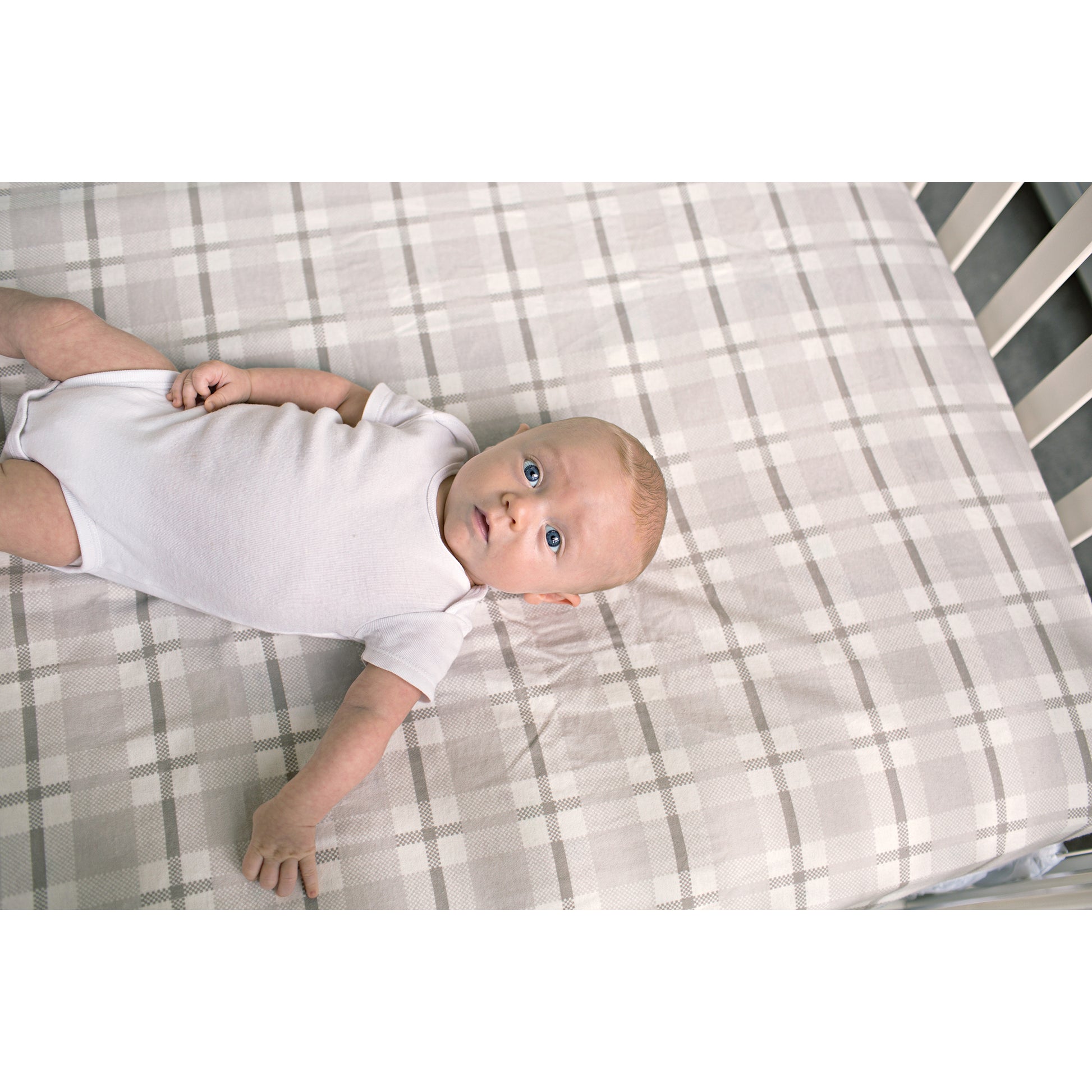 Baby on Gray Plaid Deluxe Flannel Fitted Crib Sheet 