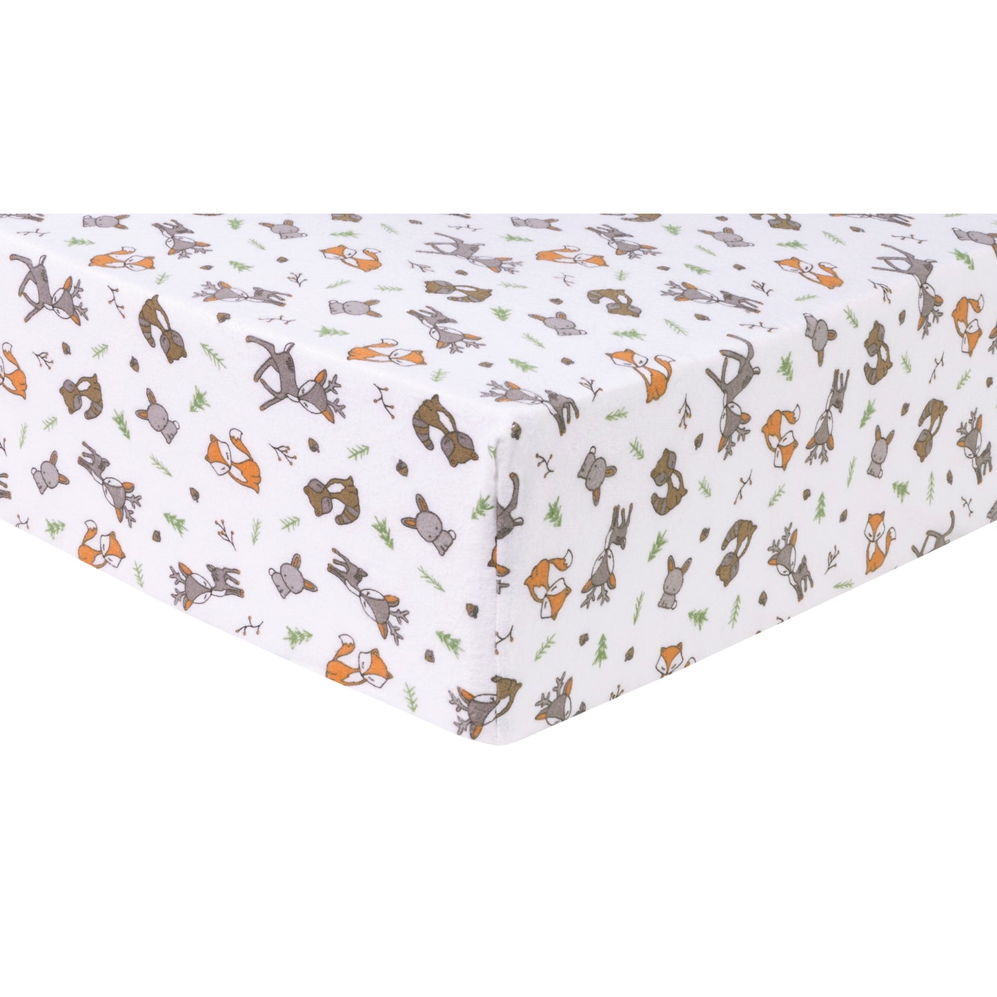 Forest Nap Deluxe Flannel Fitted Crib Sheet - Corner View; features a forest animal scatter print with deer, fox, raccoons, bunnies and trees in grays, natural brown, burnt orange and green. 