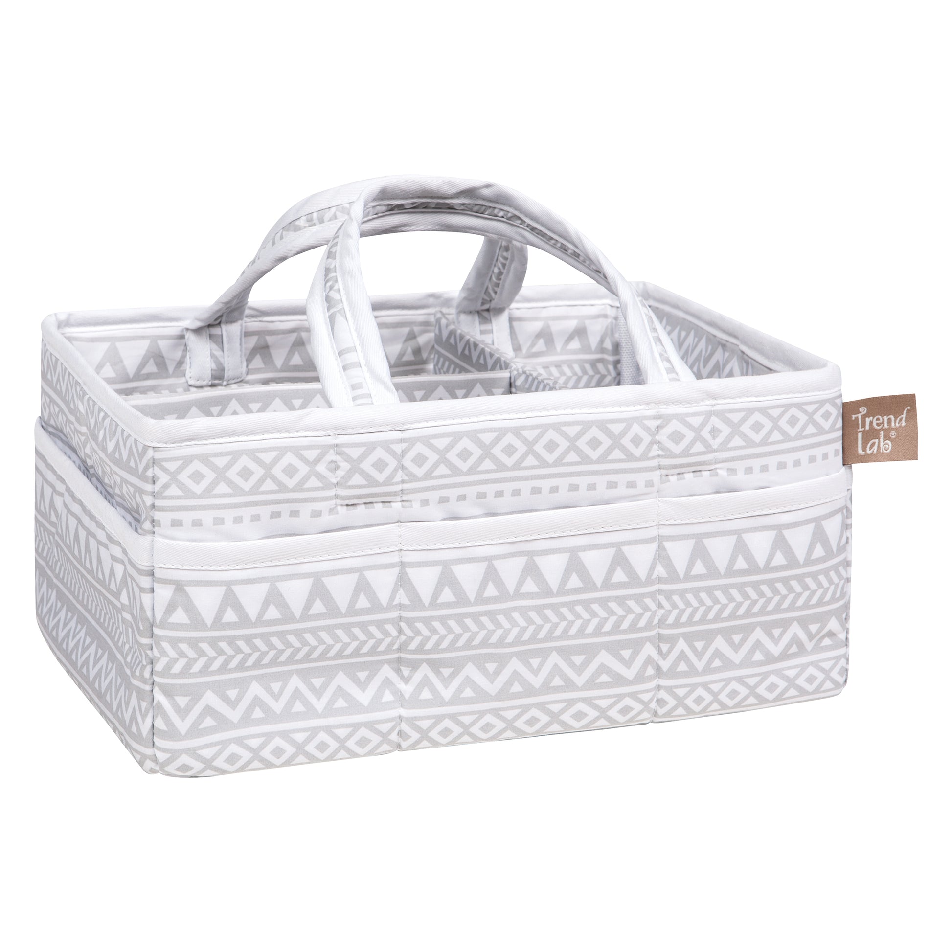 Aztec Forest Storage Caddy Angled Image- The body, lining and handles feature an Aztec print in gray and white and a solid white trim.