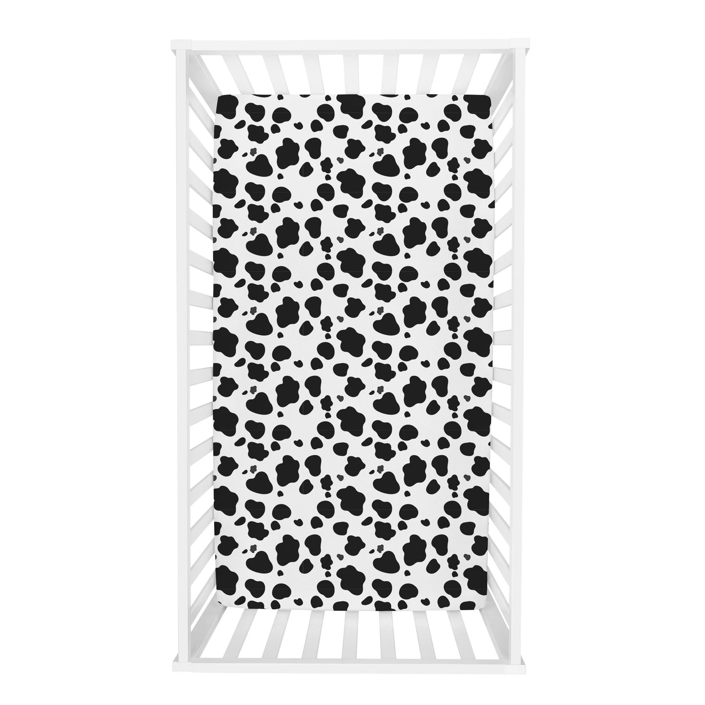  Black & White Cow Print Deluxe Flannel Fitted Crib Sheet - overhead view