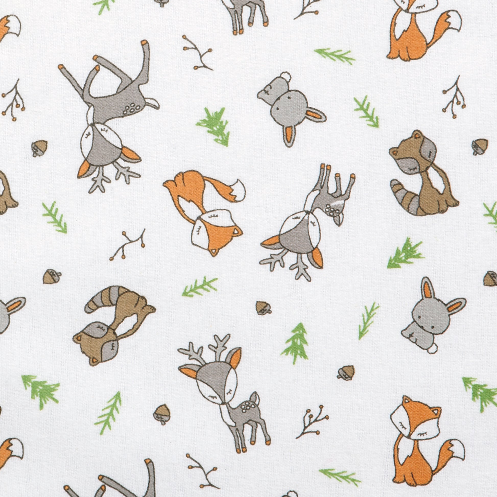 Forest Nap Deluxe Flannel Changing Pad Cover Trend Lab; features a forest animal scatter print with deer, fox, raccoons, bunnies and trees in gray, brown, burnt orange and green. 