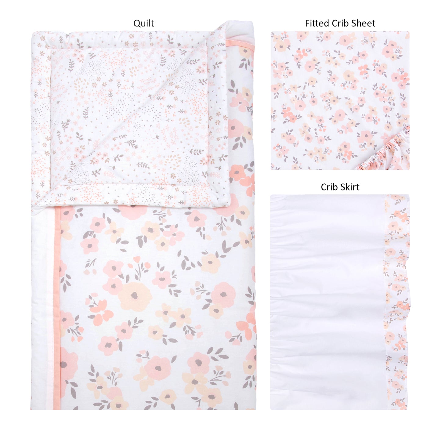  Blush Floral 3 Piece Crib Bedding Set- pieces laid out which includes a reversible crib quilt, crib sheet and crib skirt