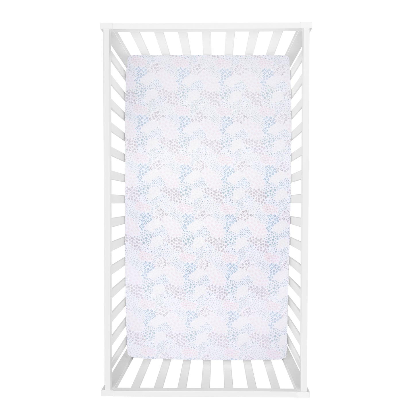 Trend Lab Starry Night Fitted Crib Sheet pictured in a white crib from top view.