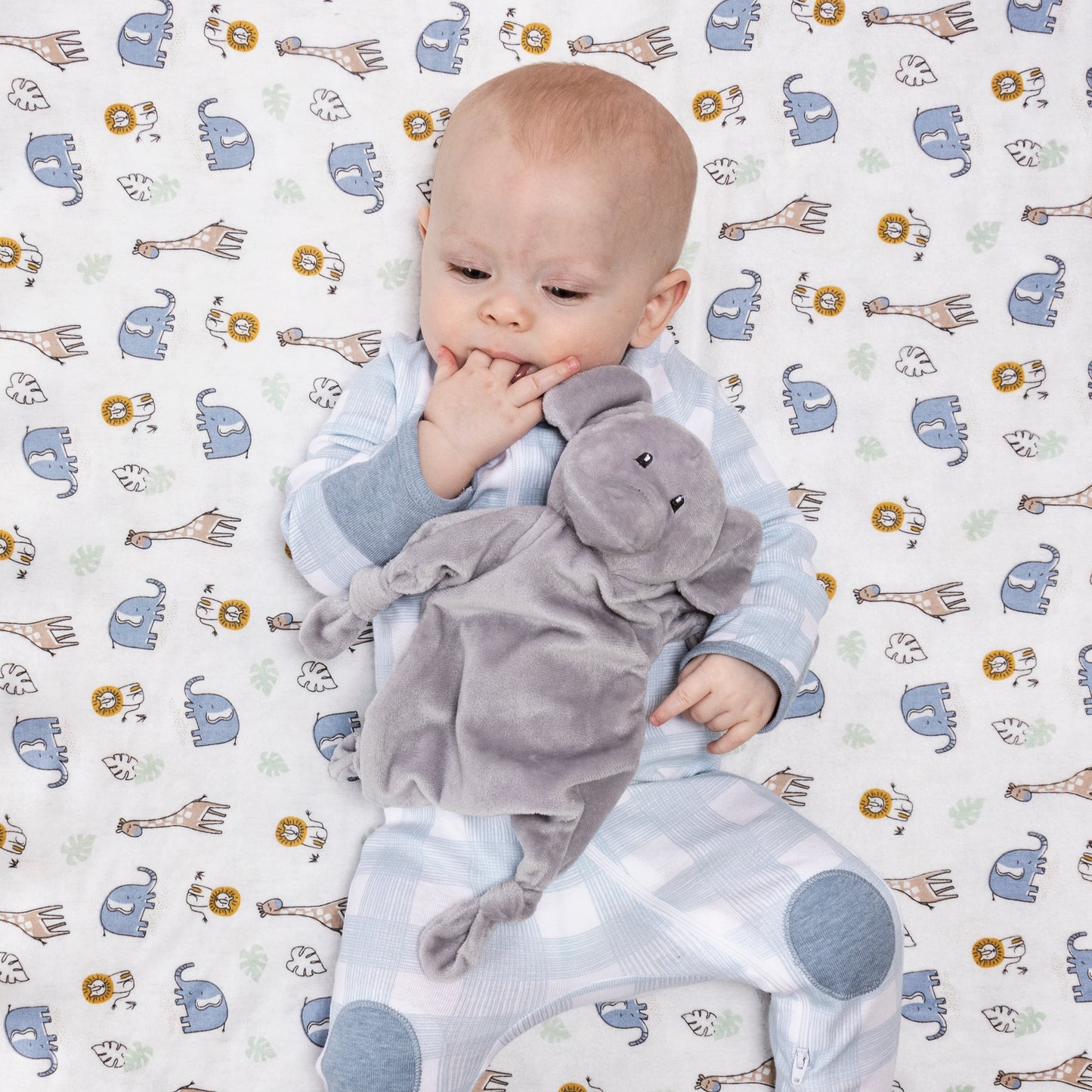  Elephant Security Blanket- stylized nursery image with baby snuggling with elephant