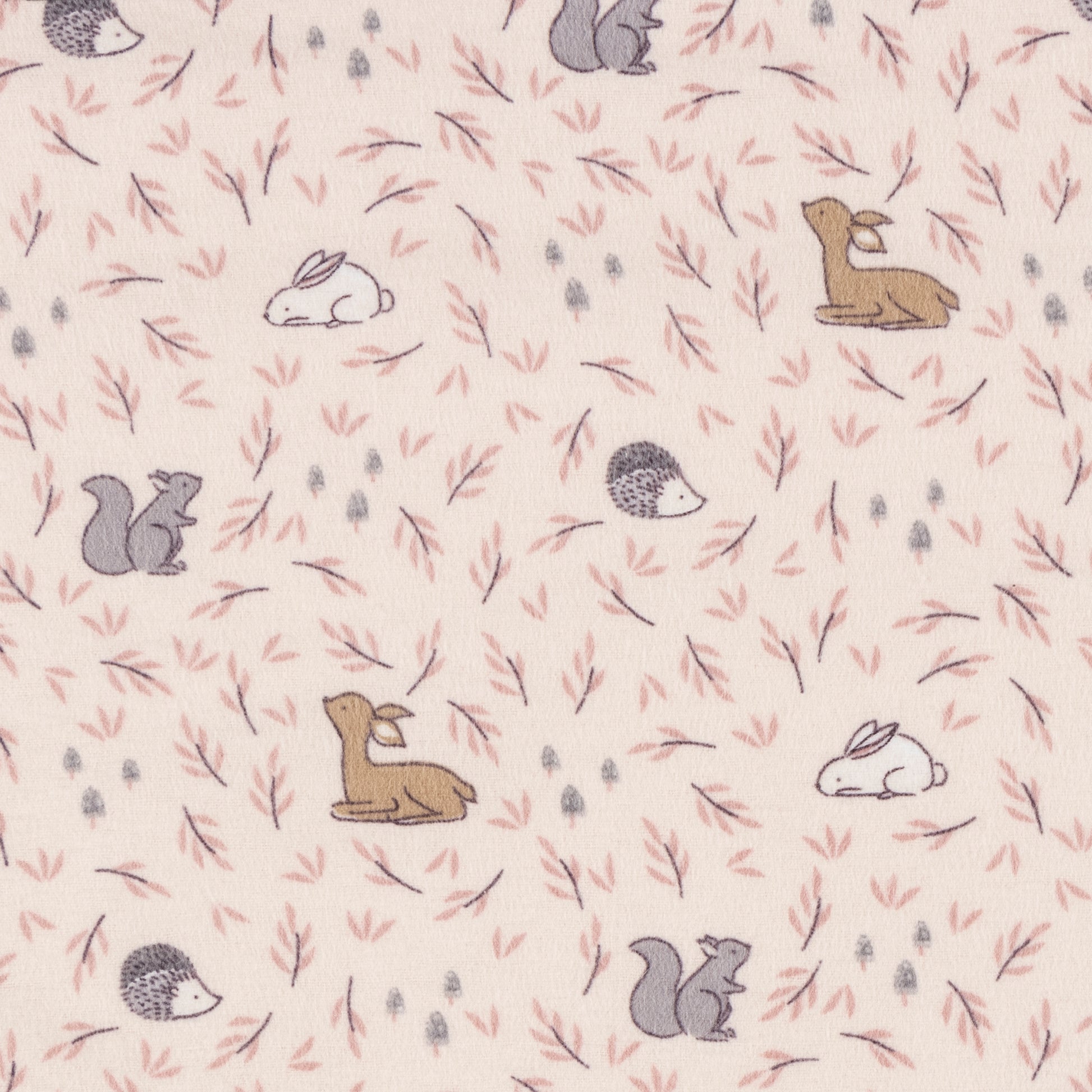 Autumn Forest Deluxe Flannel Fitted Crib Sheet- swatch view up close crib sheet features he white bunny, gray squirrel, purple hedgehog, and light taupe deer frolic on a lilac background with eggplant purple leaves and mushroom scene