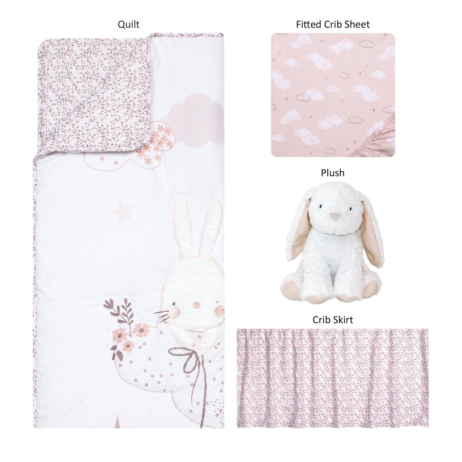  Sammy and Lou Cottontail Cloud 4 Piece Crib Bedding Set ; pieces laid out includes crib bedding, crib sheet, crib skirt and bunny plush toy