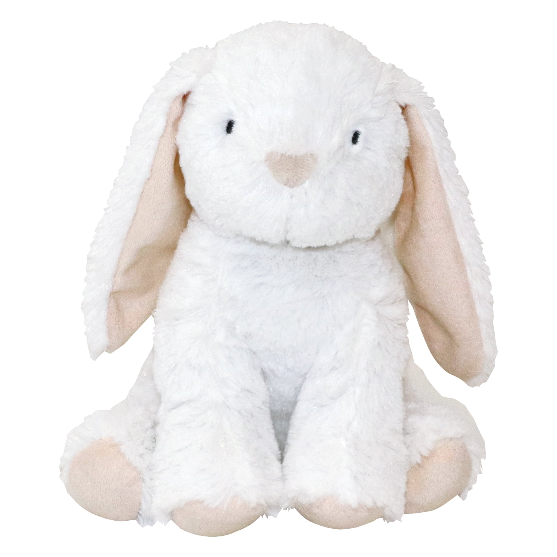 Pink and White Bunny Plush Toy- Main Image Bunny Toy is made of soft plush fabric in white with pink floppy ears. Measures 9 inches tall.
