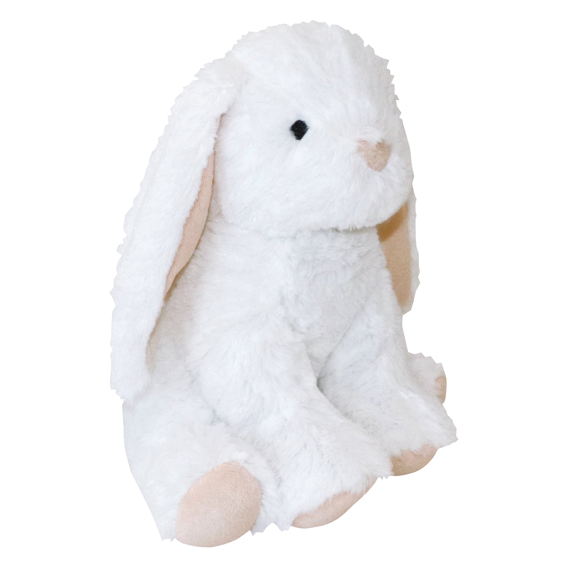 Pink and White Bunny Plush Toy- Angled Image Bunny Toy is made of soft plush fabric in white with pink floppy ears. Measures 9 inches tall.