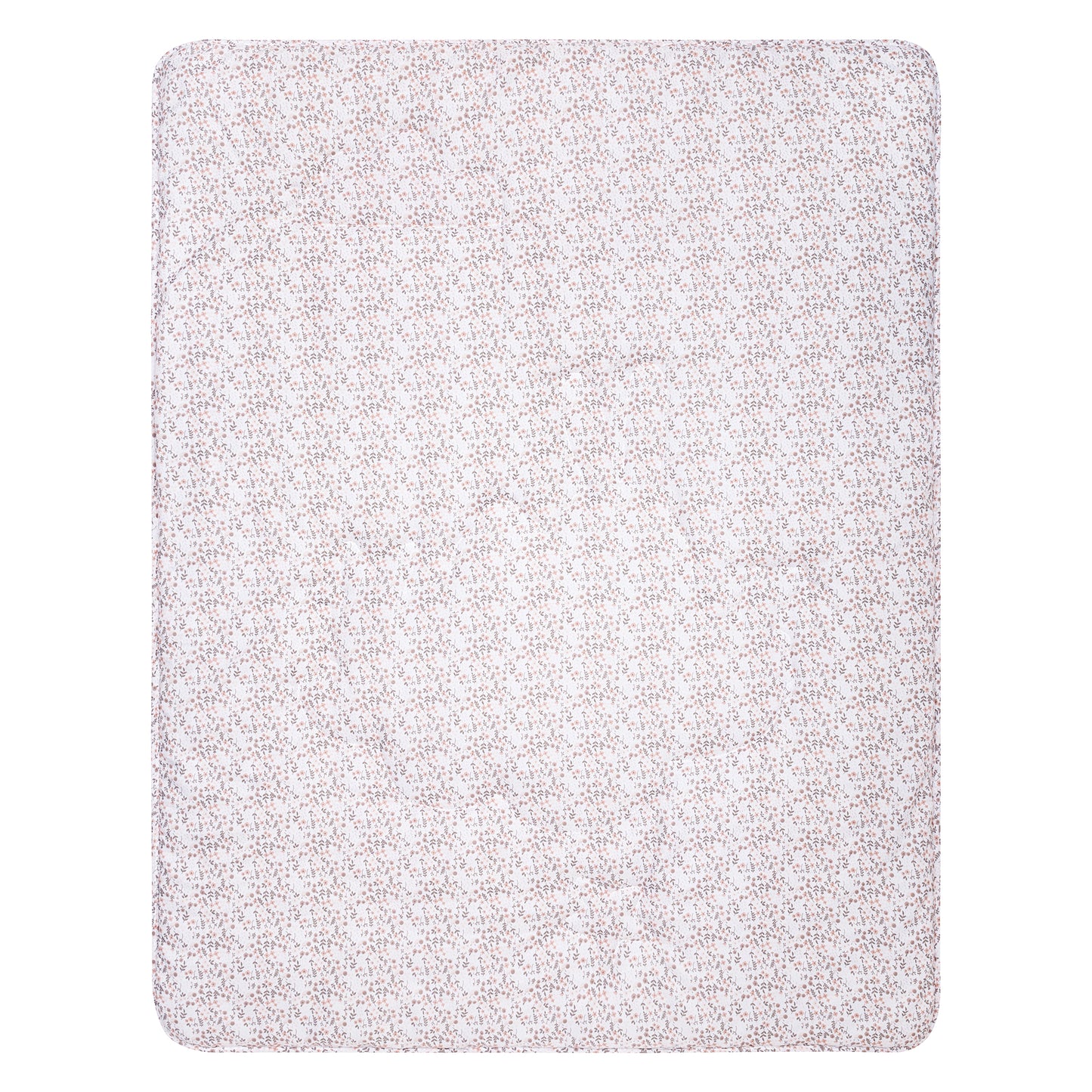 Nursery Crib Quilt Features an adorable bunny rests among the clouds and stars which are accented by floral and dot prints in a soft color palette of soft pinks and gray on a clean white background. 