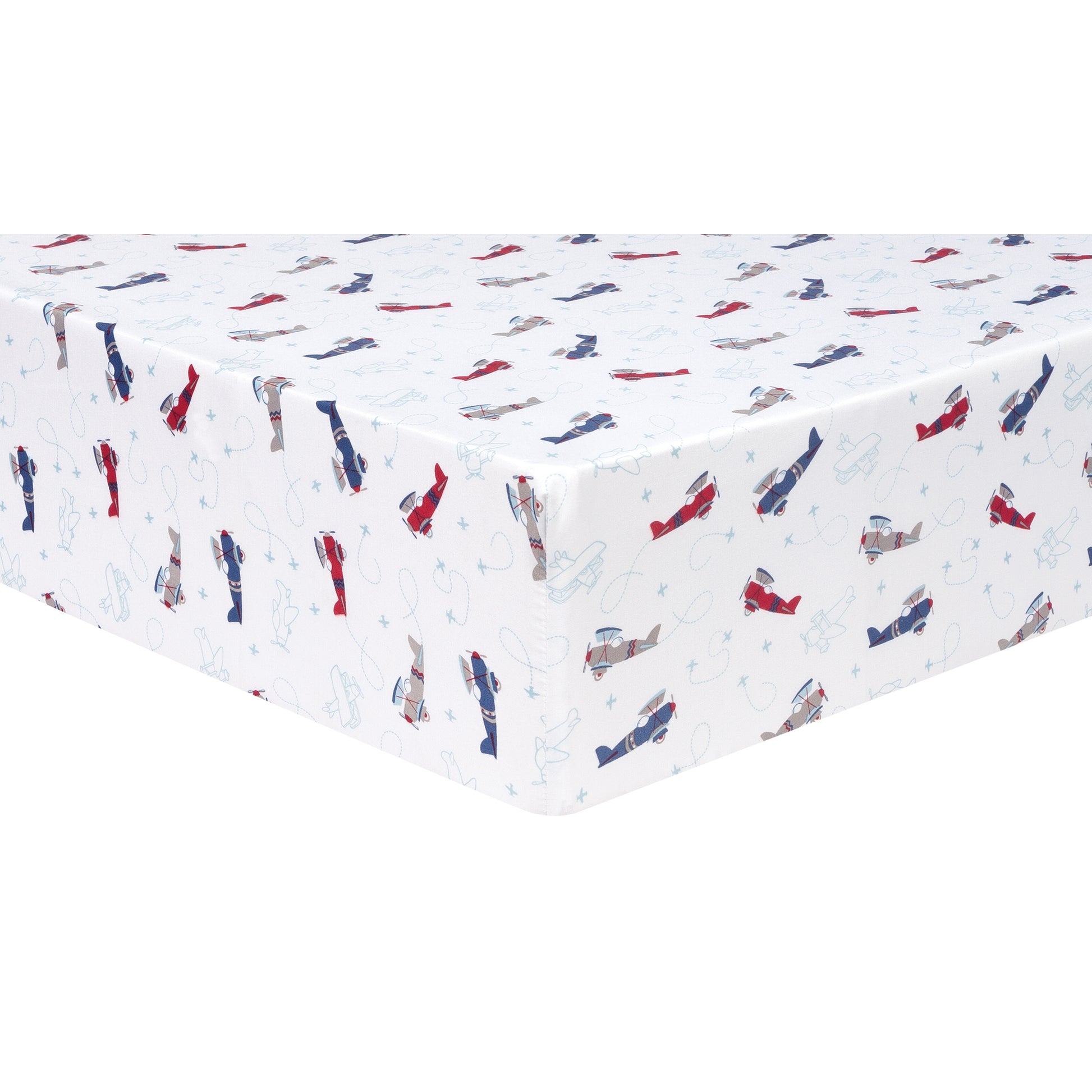 Corner View of Sammy and Lou Adventure Awaits 4 Piece Crib Bedding Set Crib Sheet that features Red and Navy Airplanes