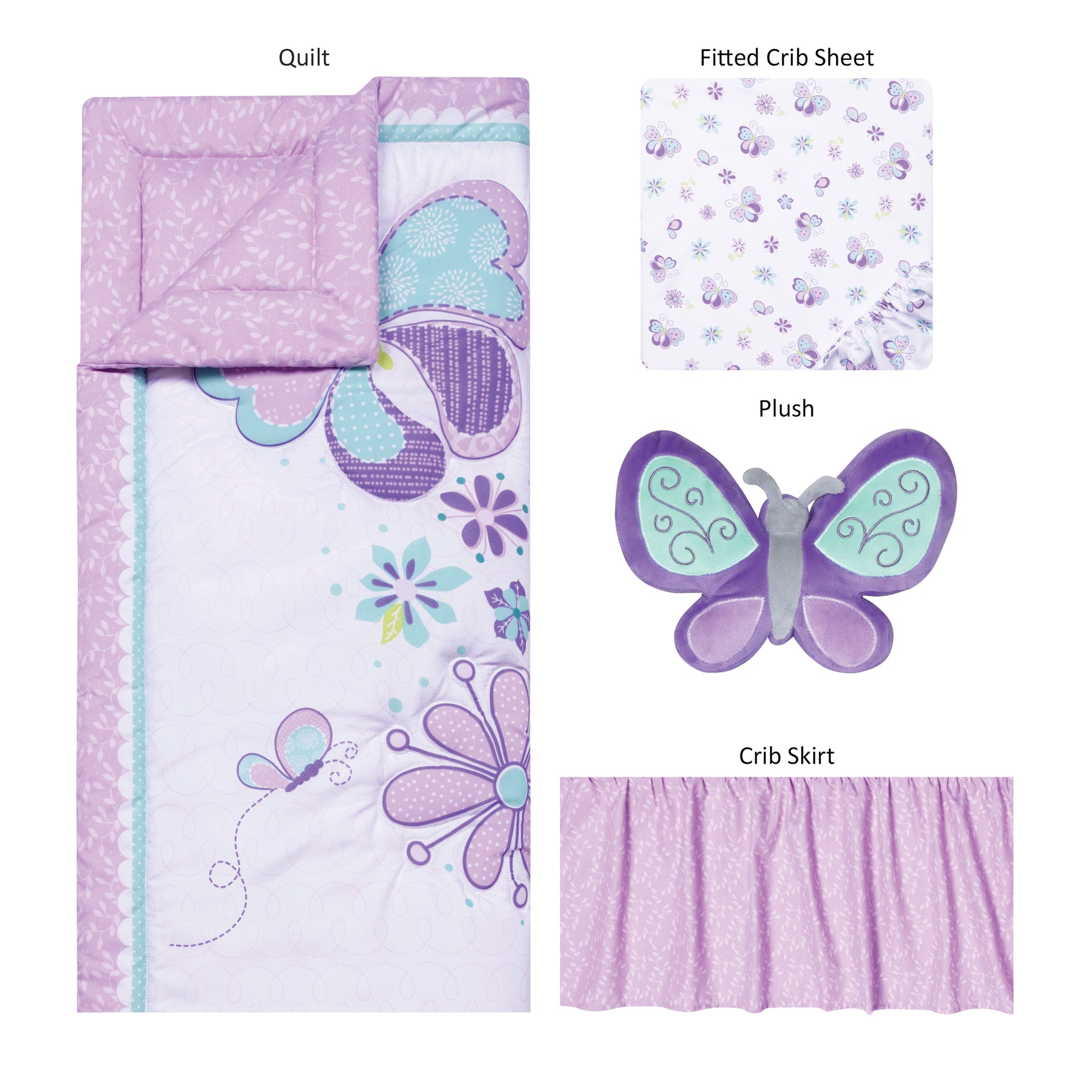  Sammy and Lou Butterfly Meadow 4 Piece Crib Bedding; pieces laid out includes crib quilt, crib sheet, crib skirt and plush toy
