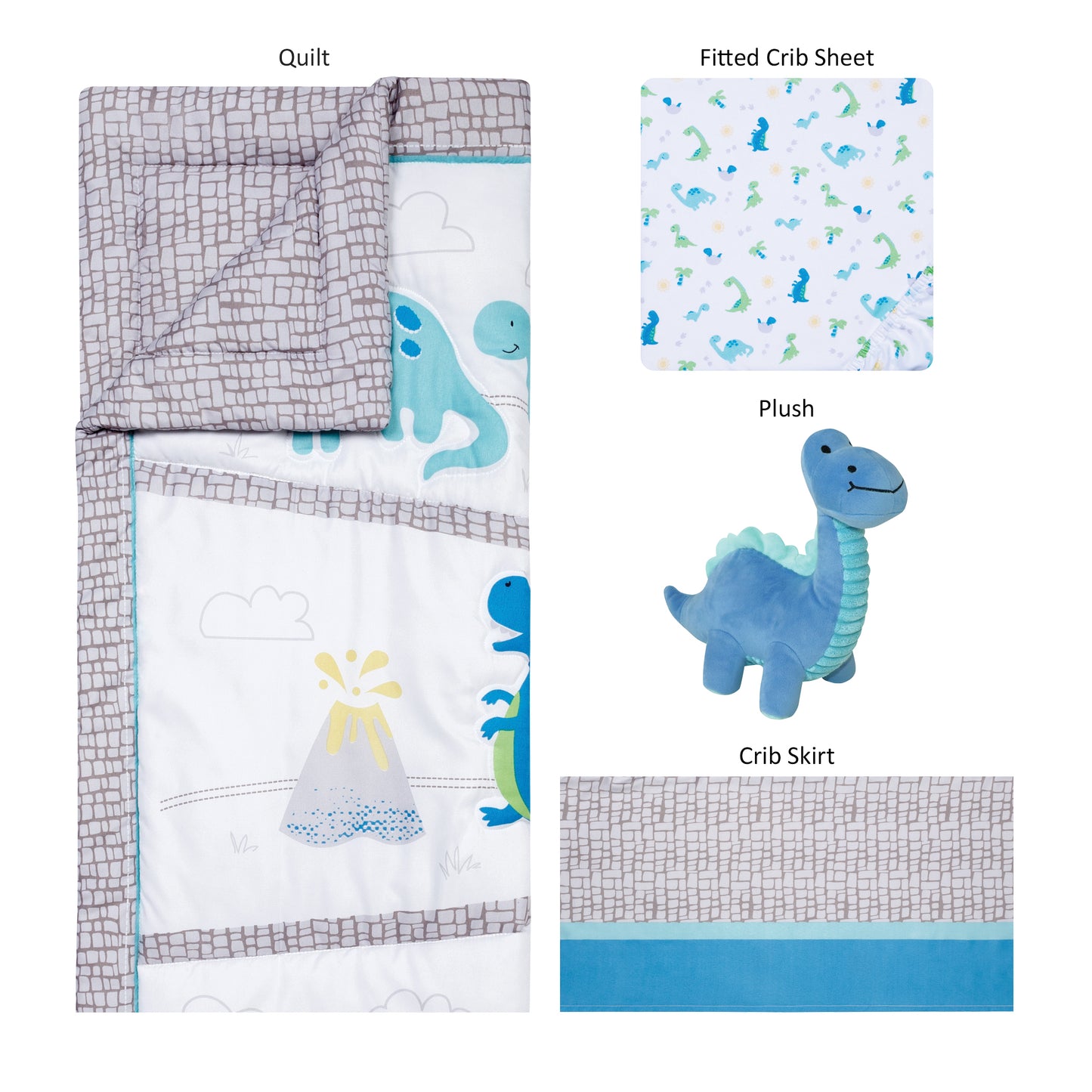  Sammy and Lou Dinosaur Pals 4 Piece Crib Bedding; pieces laid out includes nursery quilt, crib sheet, crib quilt, plush toy
