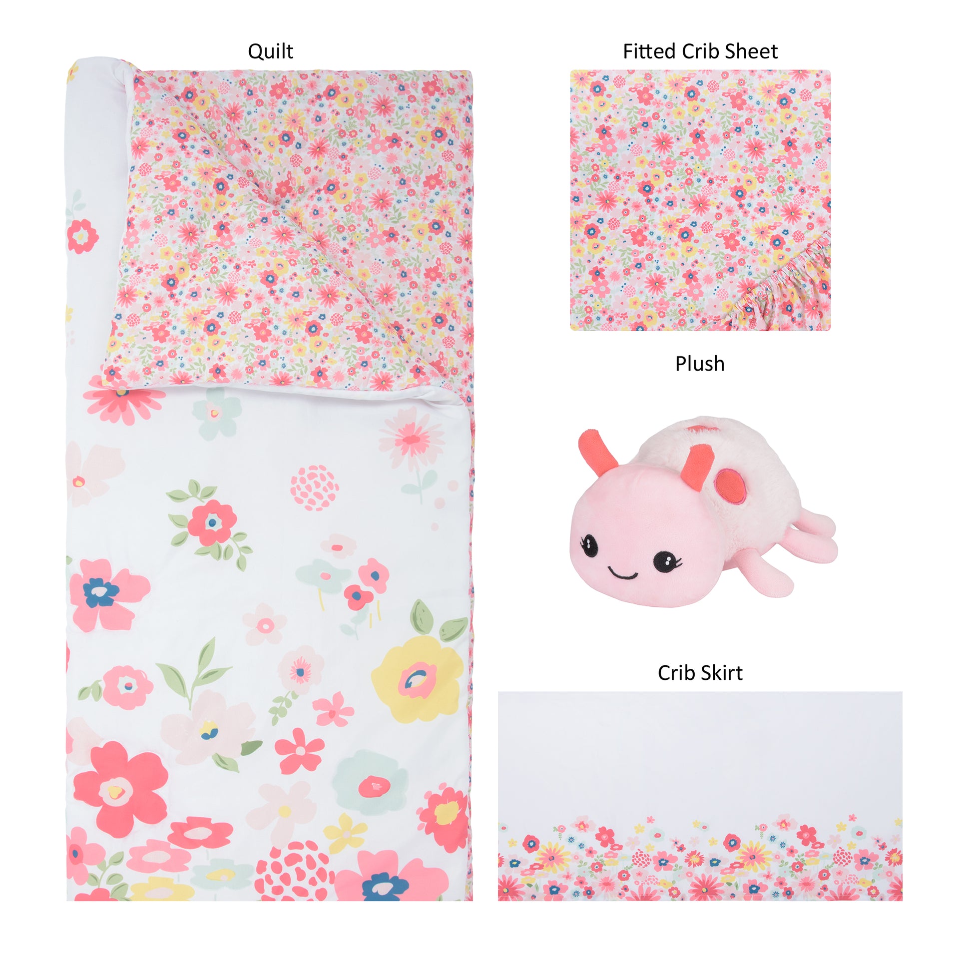 Floral Sprinkles 4 Piece Crib Bedding Set by Sammy & Lou® ; pieces laid out includes nursery quilt, crib sheet, crib skirt and ladybug plush toys