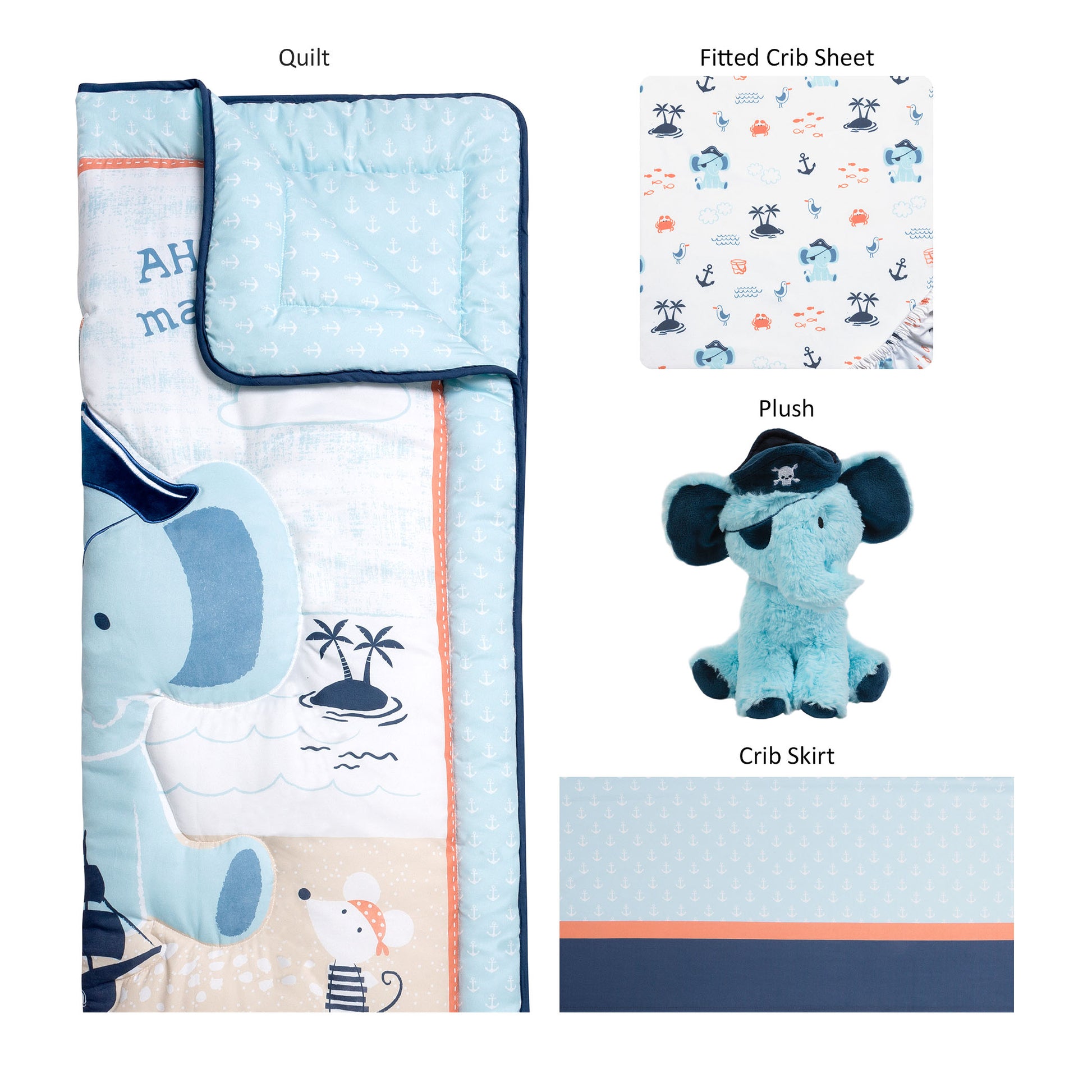 Ahoy Archie 4 Piece Crib Bedding Set by Sammy & Lou Pieces Laid Out, Features Crib Quilt, Crib Sheet, Crib Skirt, and Plush Toy