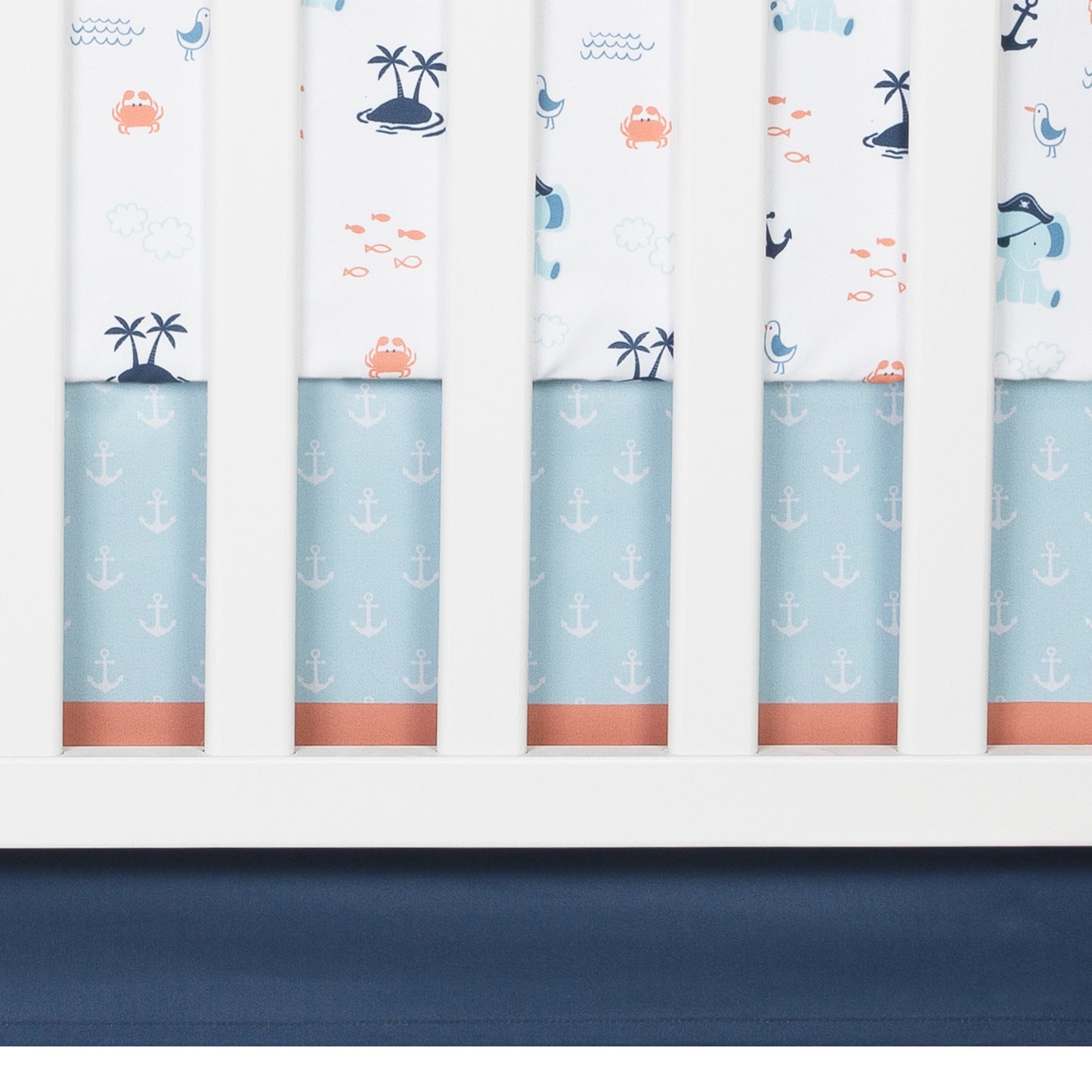 Ahoy Archie 4 Piece Crib Bedding Set by Sammy & Lou zoomed in view or crib skirt and crib sheet