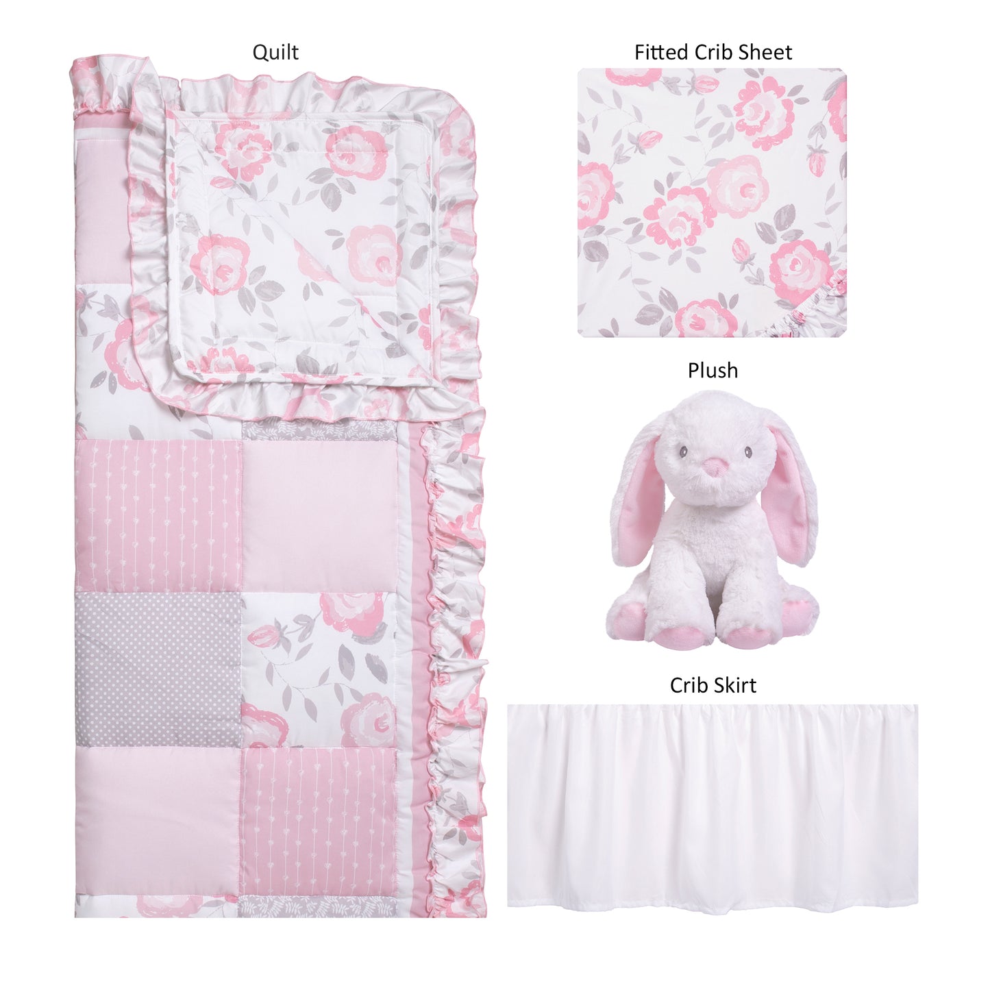 Emma 4 Piece Crib Bedding Collection by Sammy and Lou; pieces laid out includes nursery quilt/playmat, crib sheet, crib skirt, and bunny plush toy