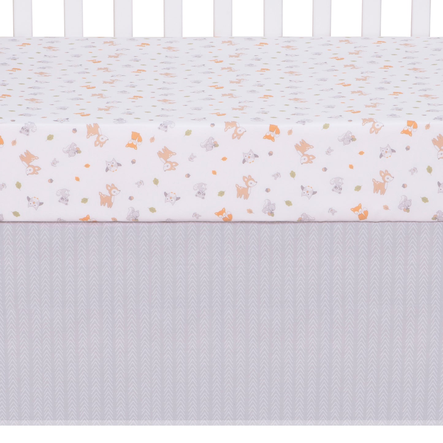 Friendly Forest 4 Piece Crib Bedding Collection by Sammy & Lou®; crib sheet and crib skirt. Crib skirt features a simple coordinating herringbone print.