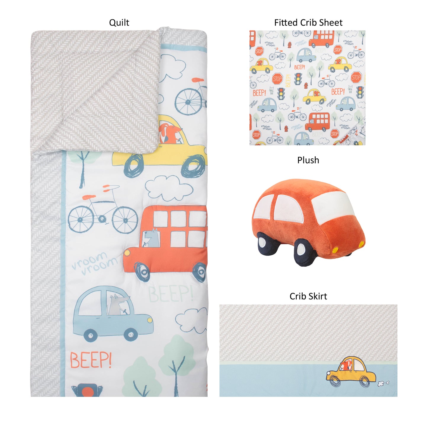 Beep Beep 4 Piece Bedding Set by Sammy and Lou- 4 Pieces Laid out includes crib quilt, crib sheet, plush toy and crib skirt