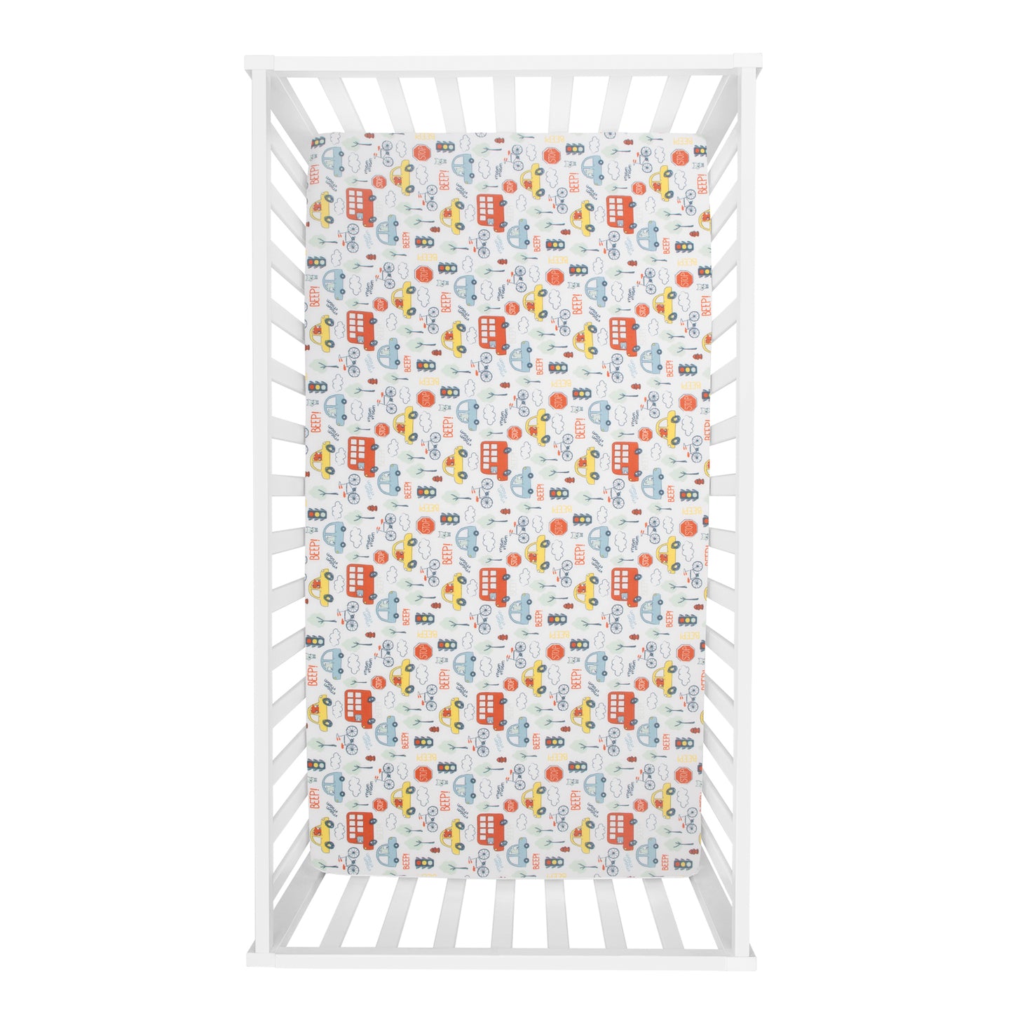  Beep Beep 4 Piece Bedding Set by Sammy and Lou- overhead view of crib sheet