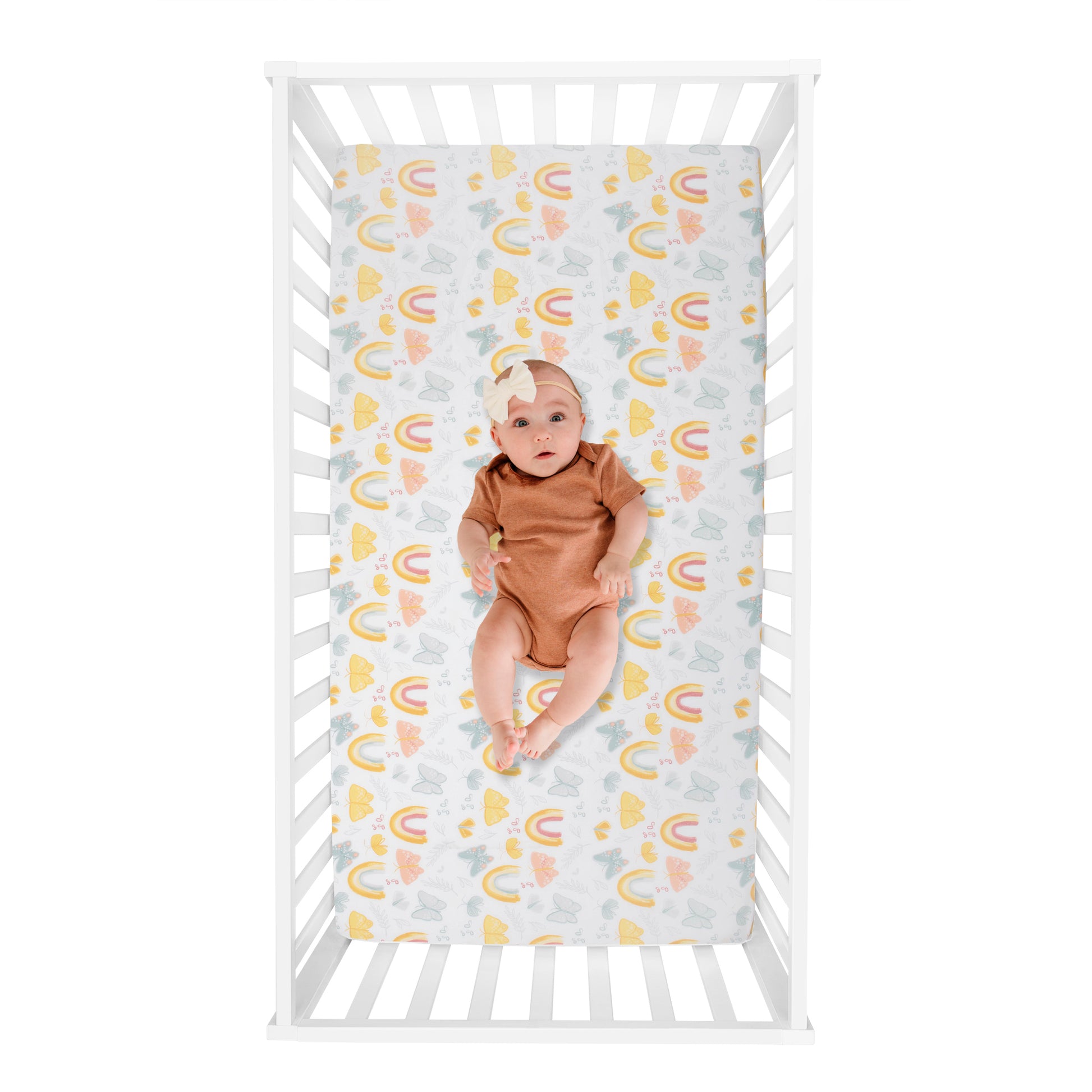 Butterflies & Sunshine 2-Pack Microfiber Fitted Crib Sheet Set; baby on crib sheet