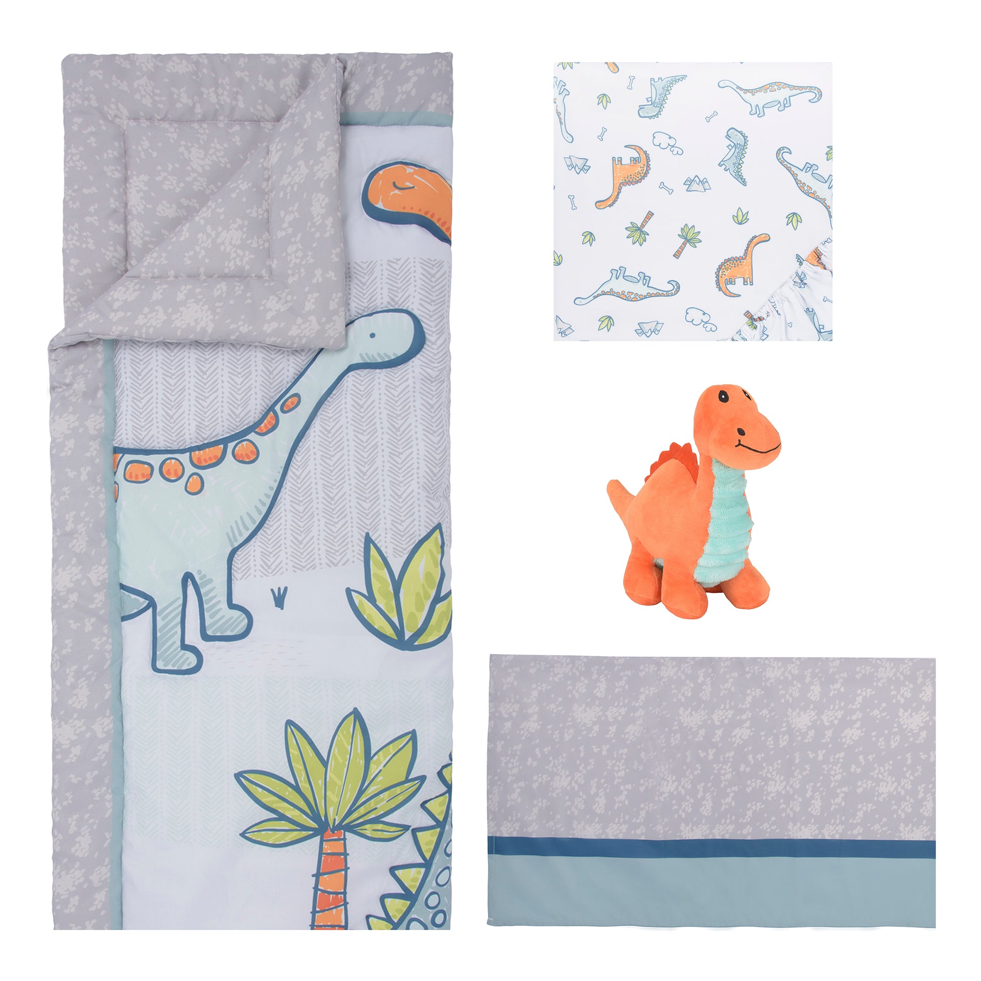 Dinosaur Million Years 4 Piece Crib Bedding Set by Sammy & Lou®; pieces laid out- crib quilt, crib sheet, crib quilt and plush toy