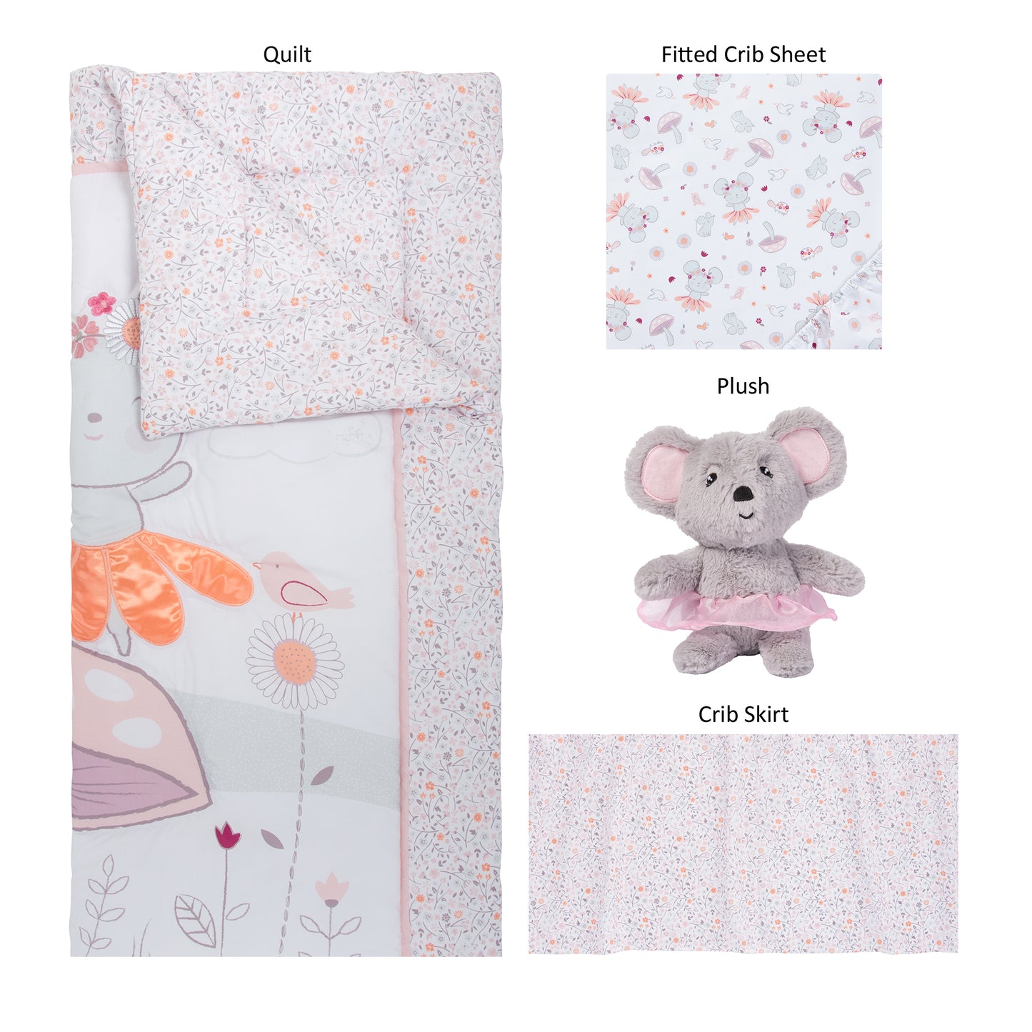  Dancing Mouse 4 Piece Crib Bedding Set by Sammy & Lou®; pieces laid out includes crib quilt, crib sheet, crib skirt and plush toy