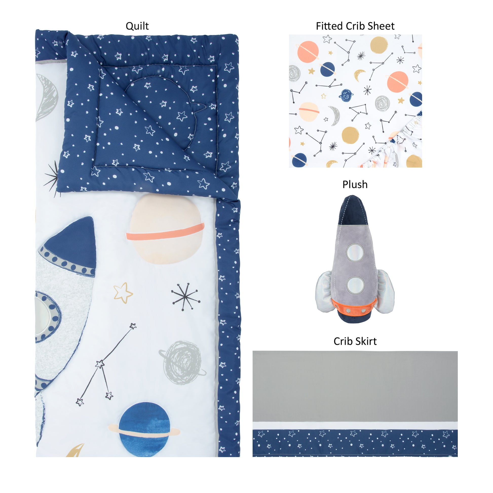 Cosmic Rocket 4 Piece Crib Bedding- pieces laid out includes crib quilt, plush toy, crib sheet and crib skirt