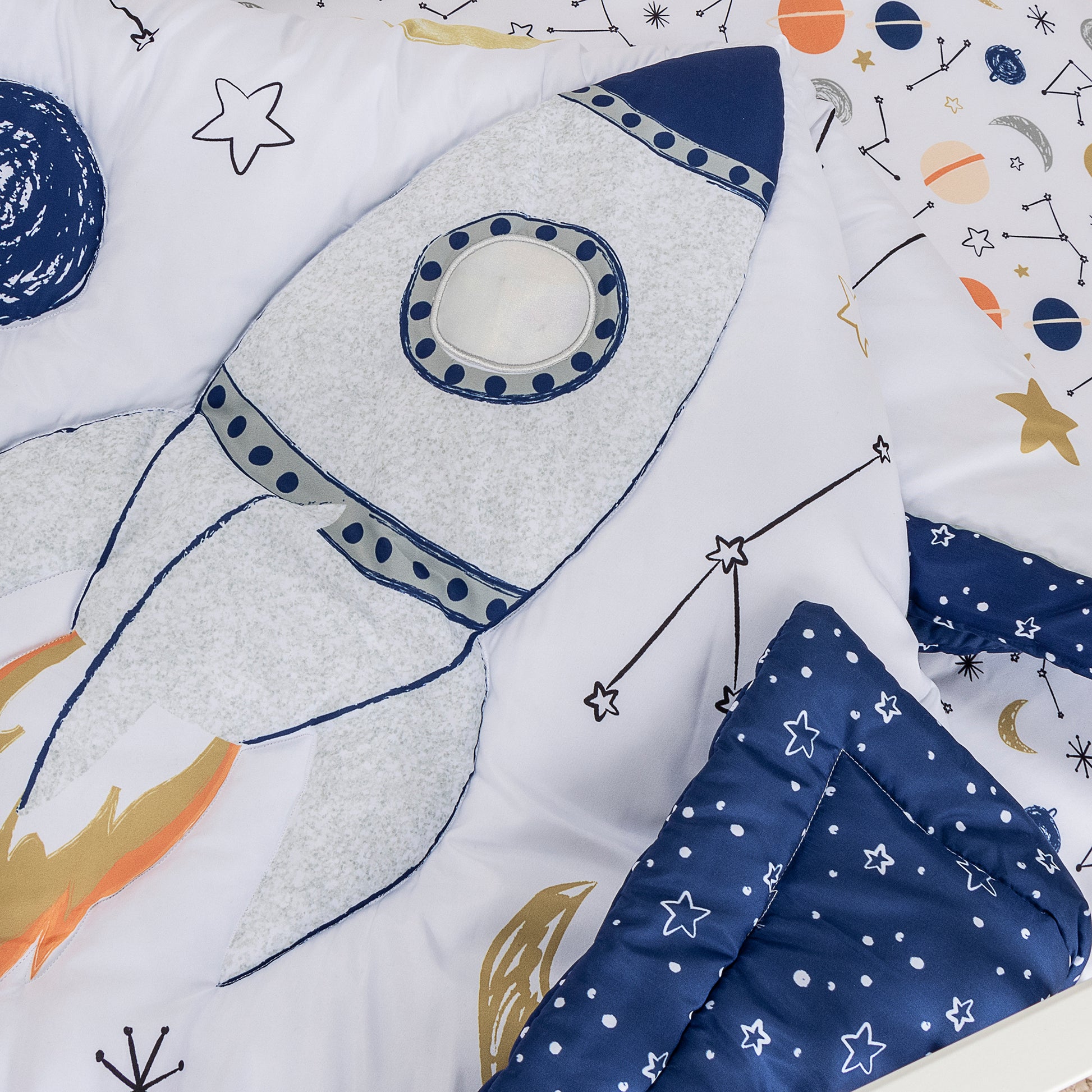 Cosmic Rocket 4 Piece Crib Bedding- Crib Quilt stylized details with rocket