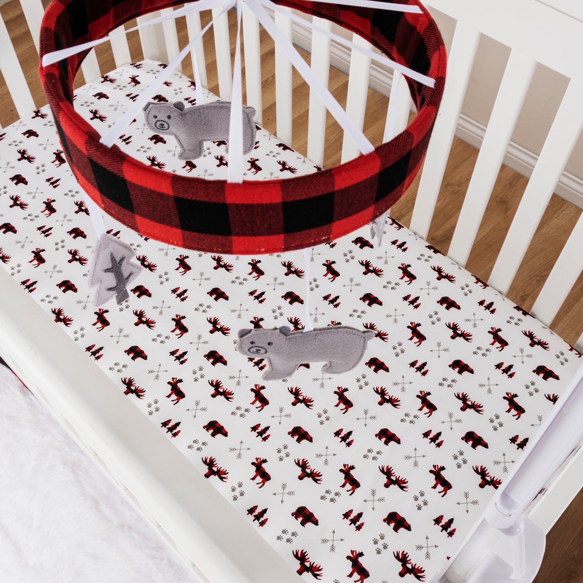  Buffalo Check 3 Piece Crib Bedding Set by Sammy & Lou®-crib mobile and crib sheet overhead stylized room view