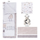 Cottage Farm 4 Piece Crib Bedding Set pieces laid out; pieces include a reversible nursery quilt, crib sheet, crib skirt and cow plush toy