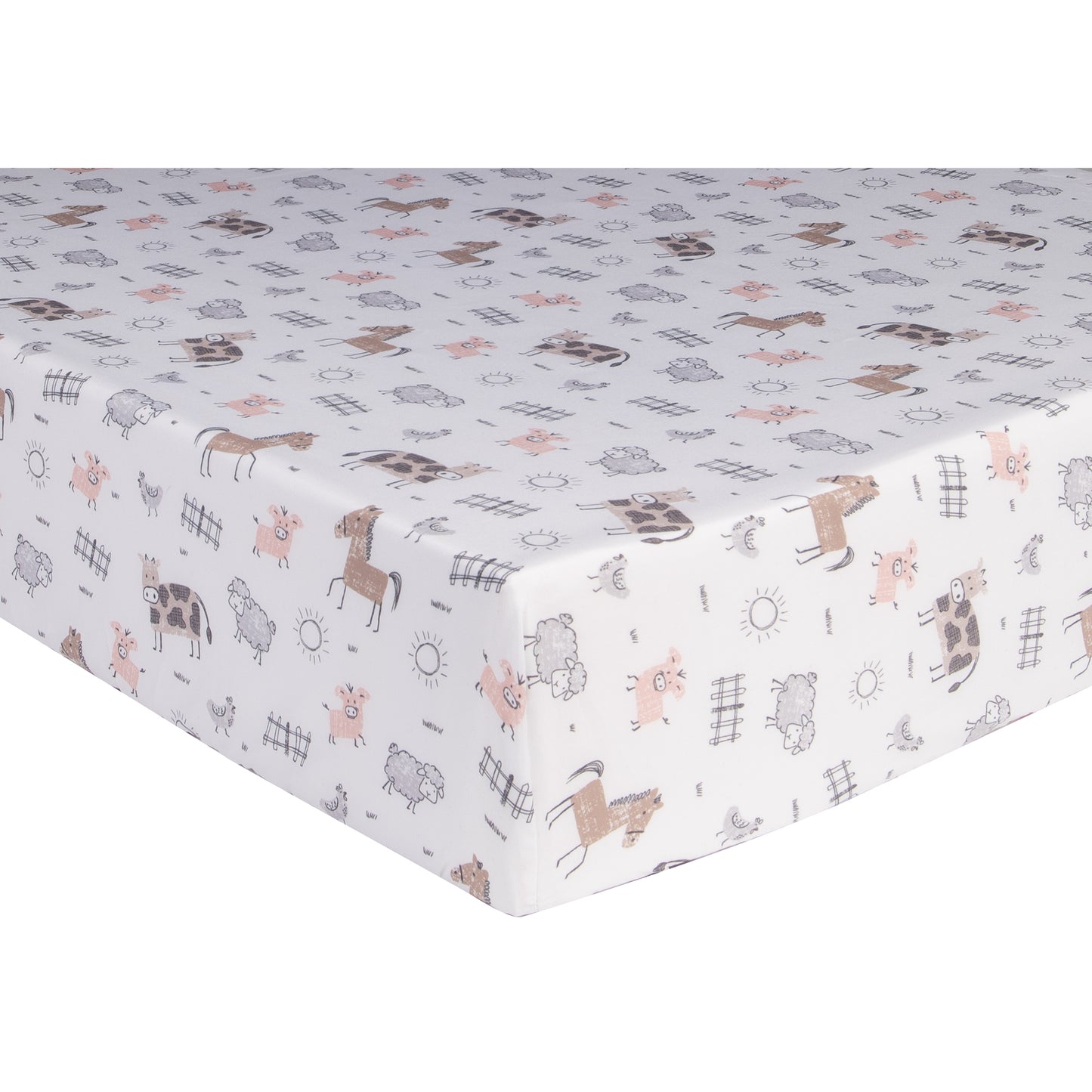 Cottage Farm Crib Sheet; features farm animals in a pasture in gray, brown and a rosy pink color pallette