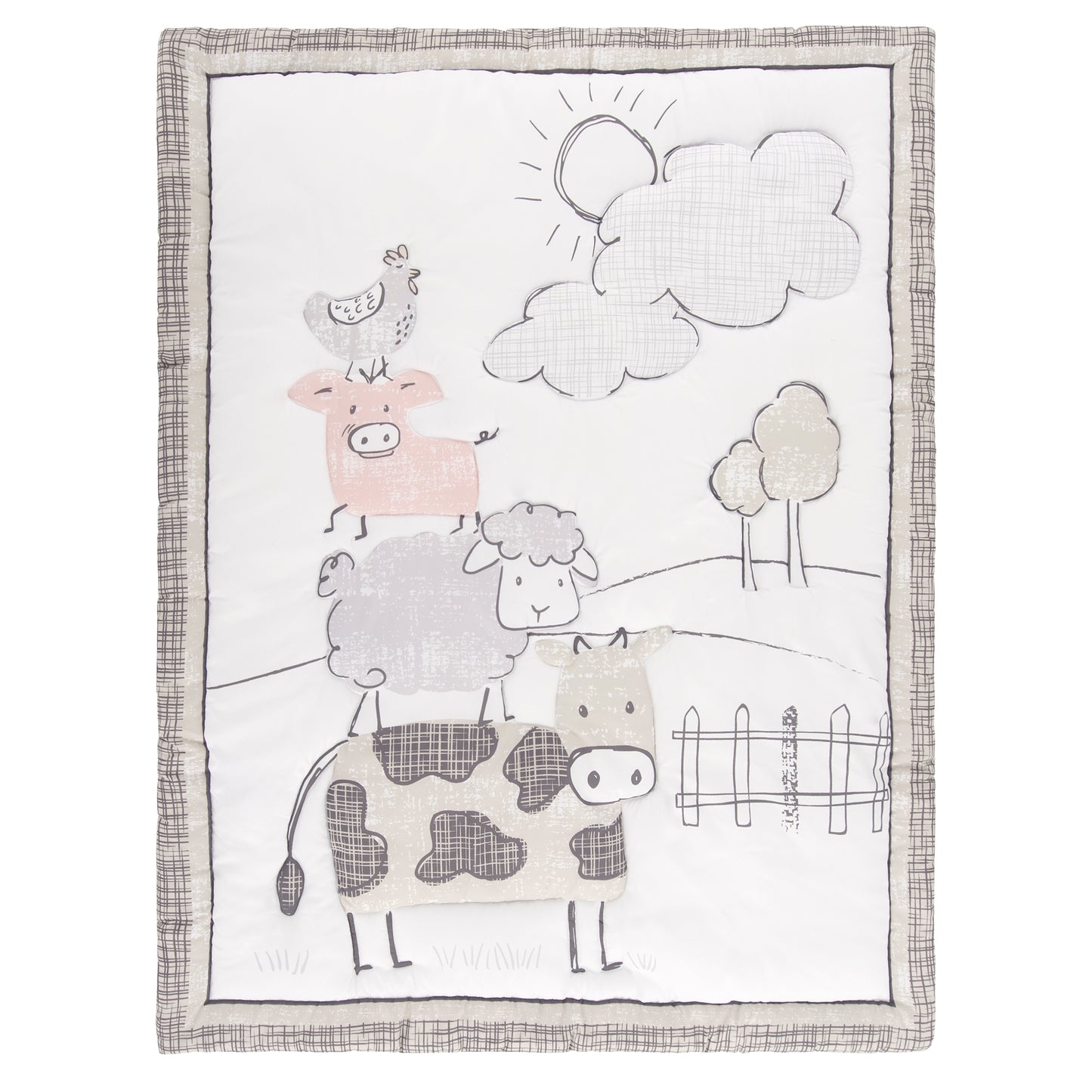 Cottage Farm Nursery Quilt; features a cow sheep pig and chicken out playing in a simple pasture