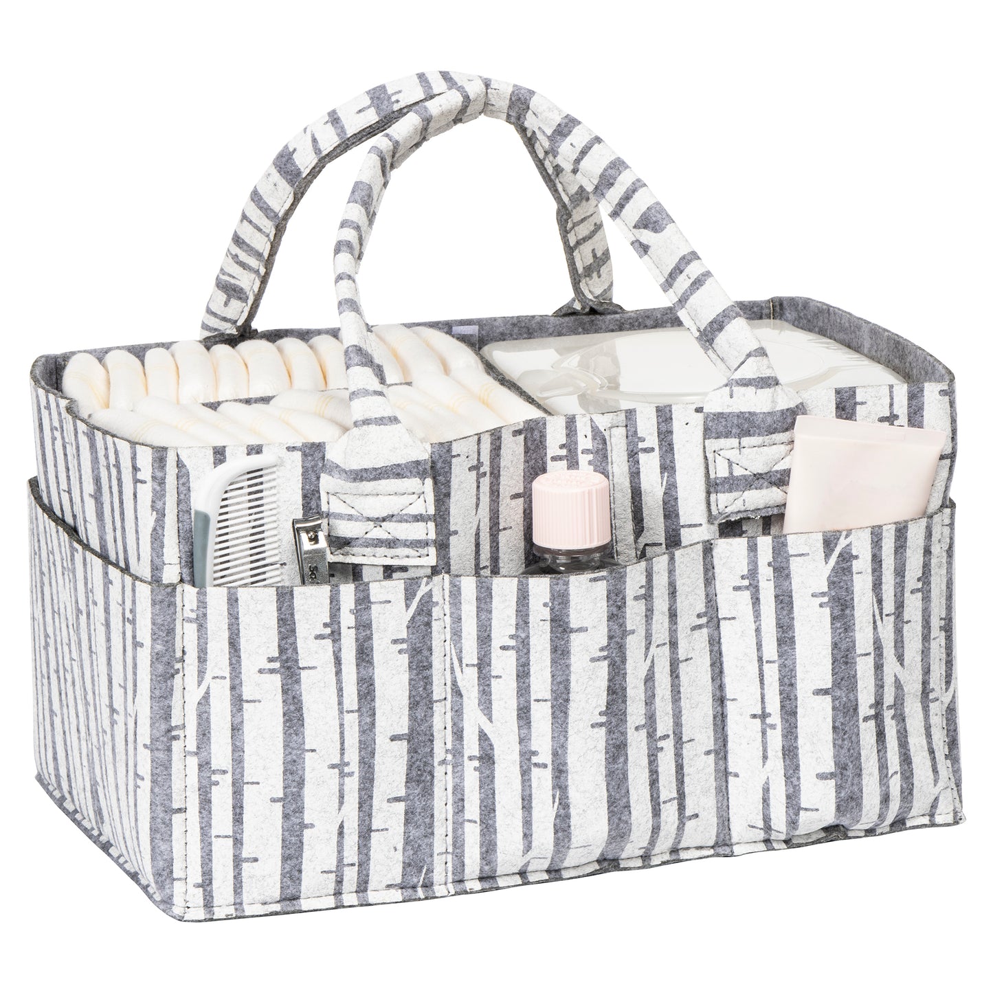 White printed birch pattern on gray felt storage caddy front view- Usage View by Sammy and Lou